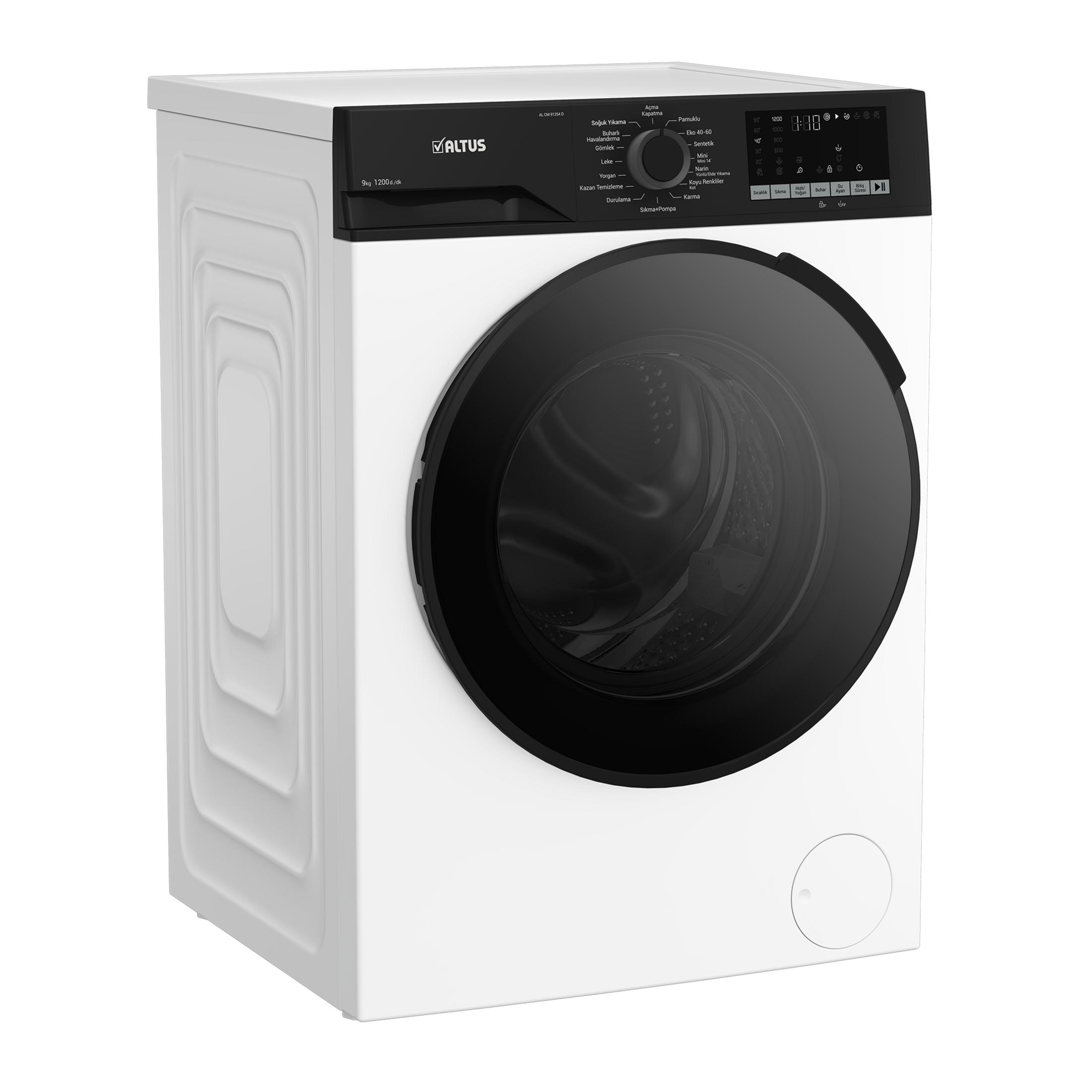 Siyah kapılı ve kontrol panelli beyaz çamaşır makinesi.