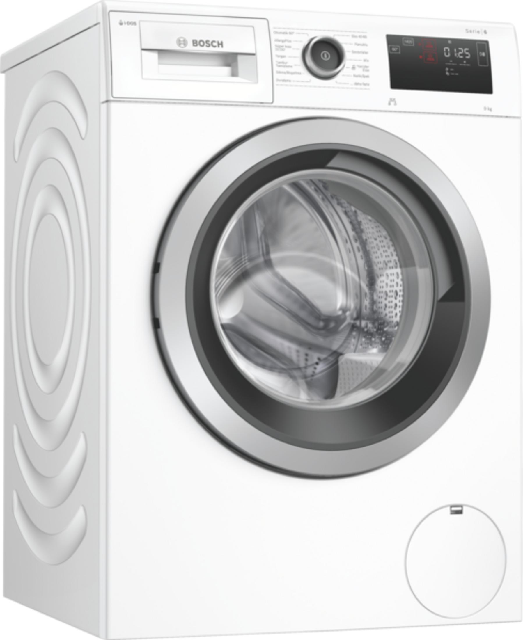 Gümüş kapaklı ve dijital ekranlı beyaz Bosch çamaşır makinesi.