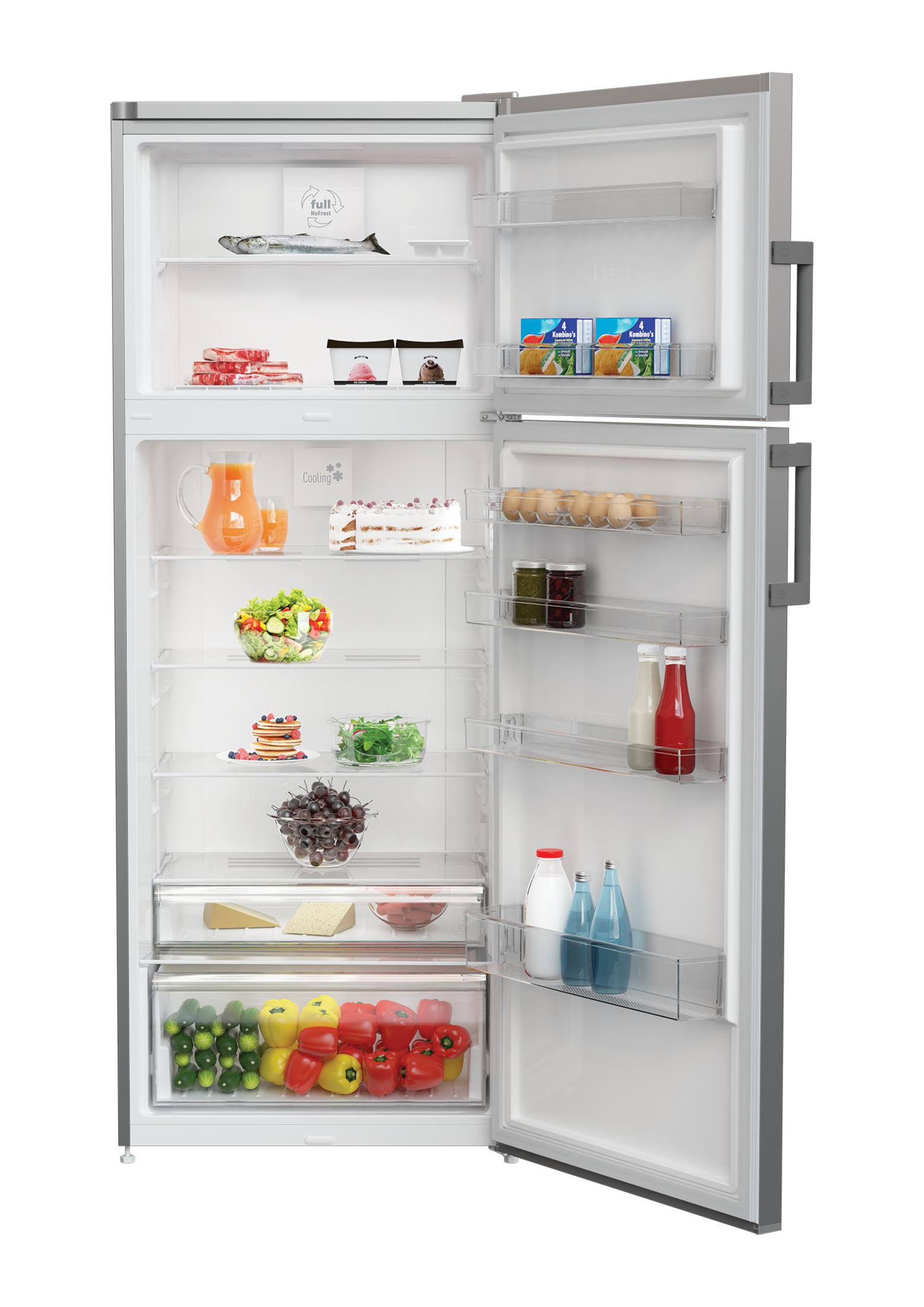 Yiyeceklerle dolu açık bir buzdolabı: balık, dondurma, et, kek, salata, yumurta, meyve, sebze.