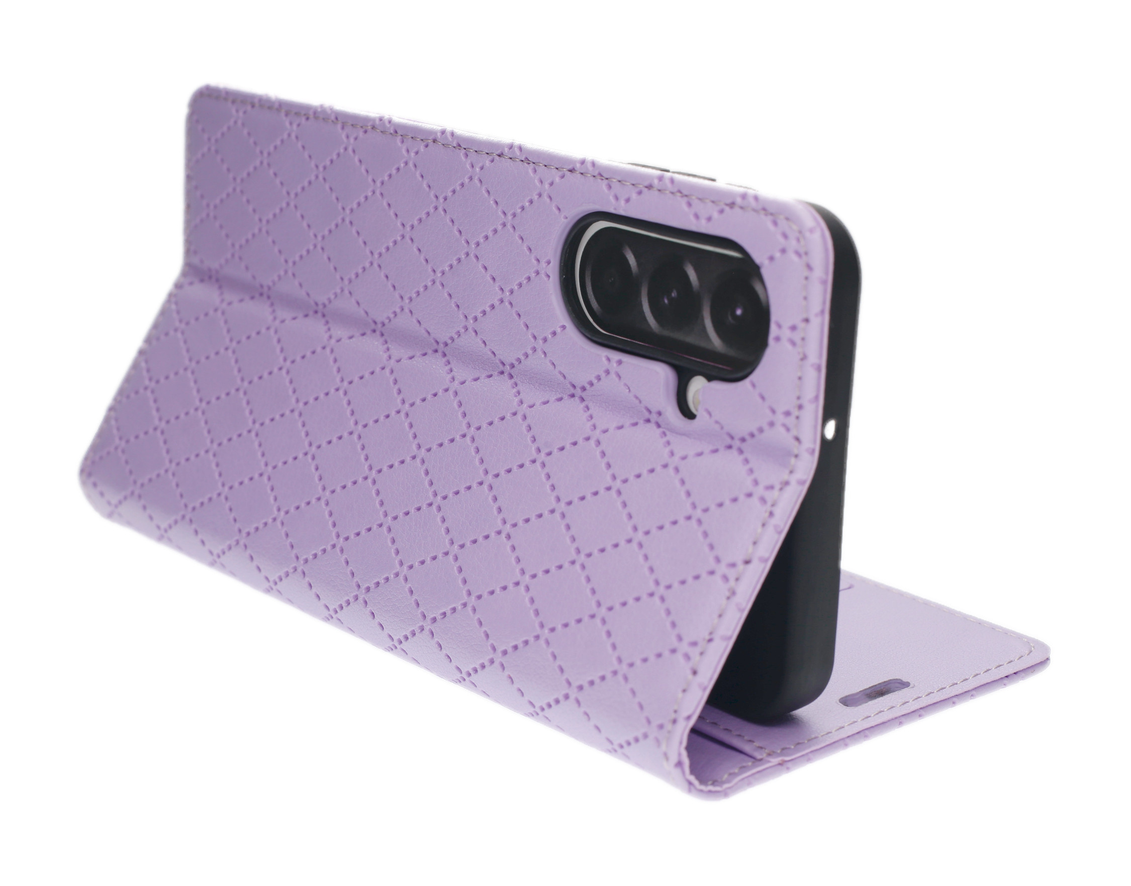 Lila Handyhülle mit Rautenmuster, aufgestellt mit Handy.