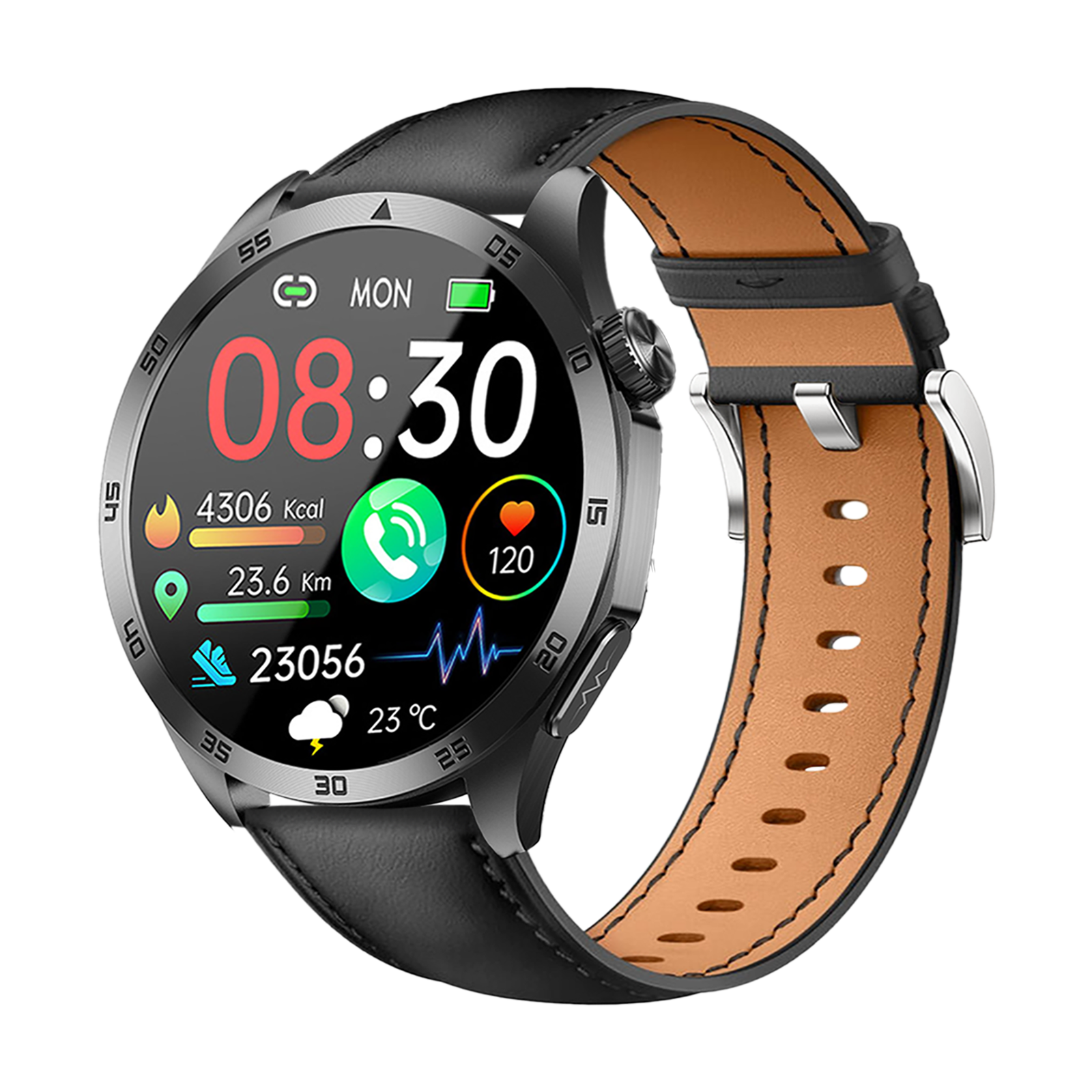 Eine schwarze Smartwatch mit braunem Lederarmband zeigt 08:30, 4306 Kcal, 23.6 Km, 23056 Schritte, 120 Herz und 23°C.