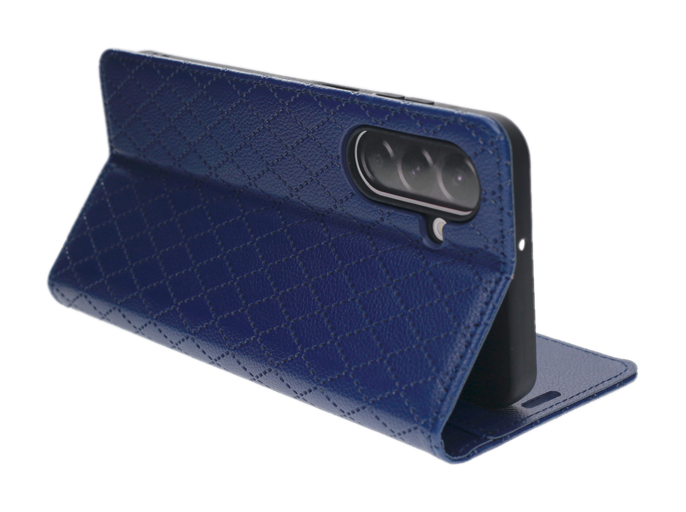 Dunkelblaues Handycover mit Rautenmuster und Kameraöffnung.