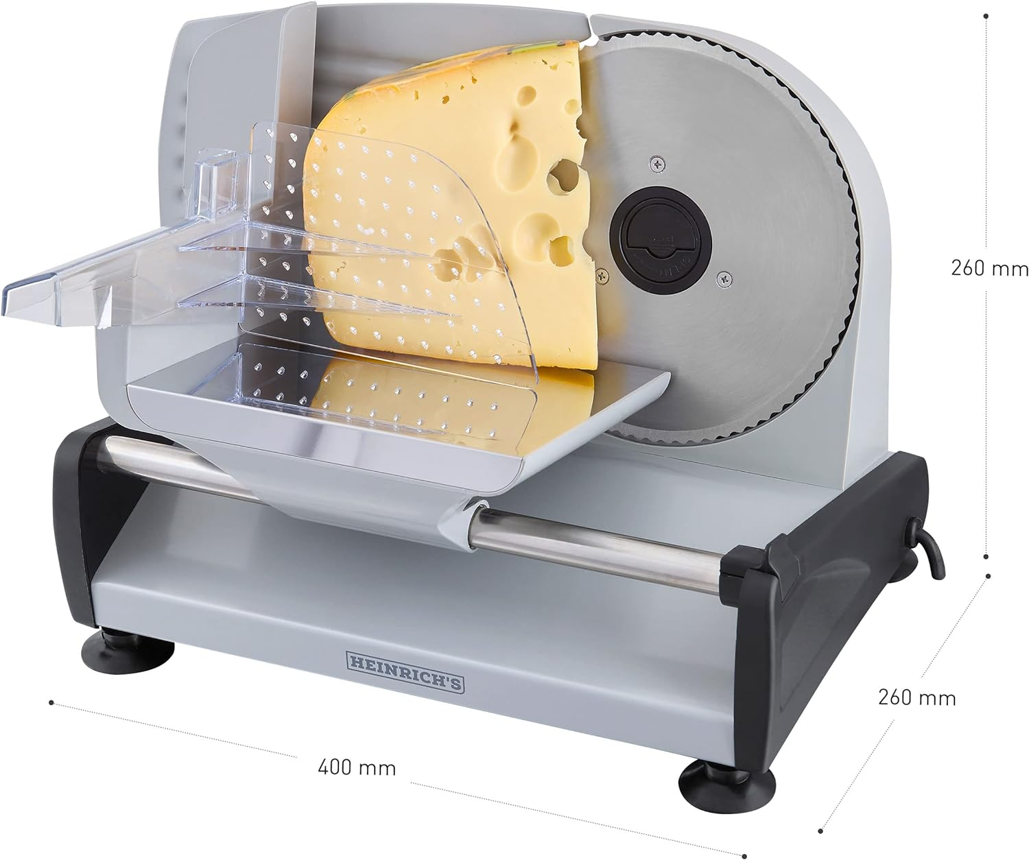 Szara krajalnica z kawałkiem sera i ostrzem.