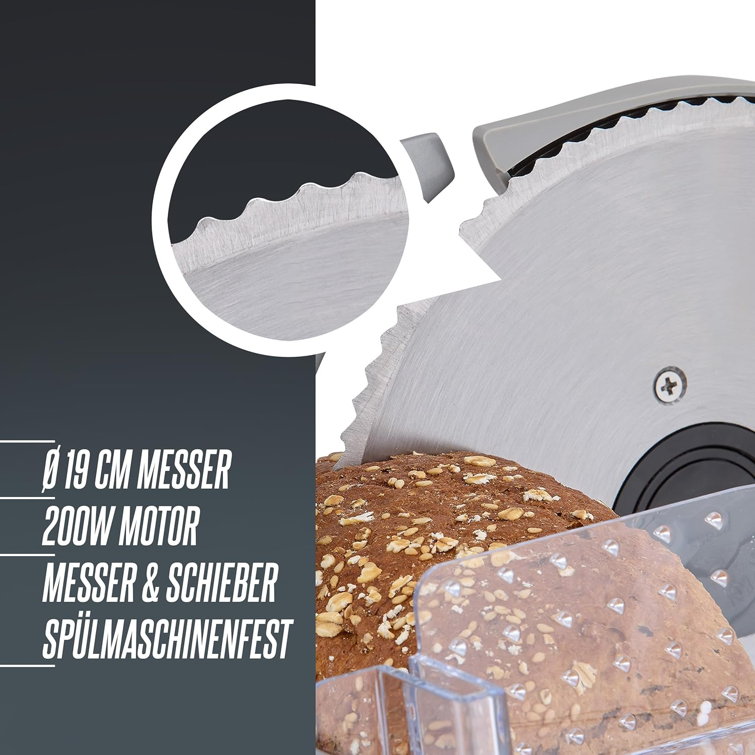 Zbliżenie krajalnicy do chleba krojącej bochenek.