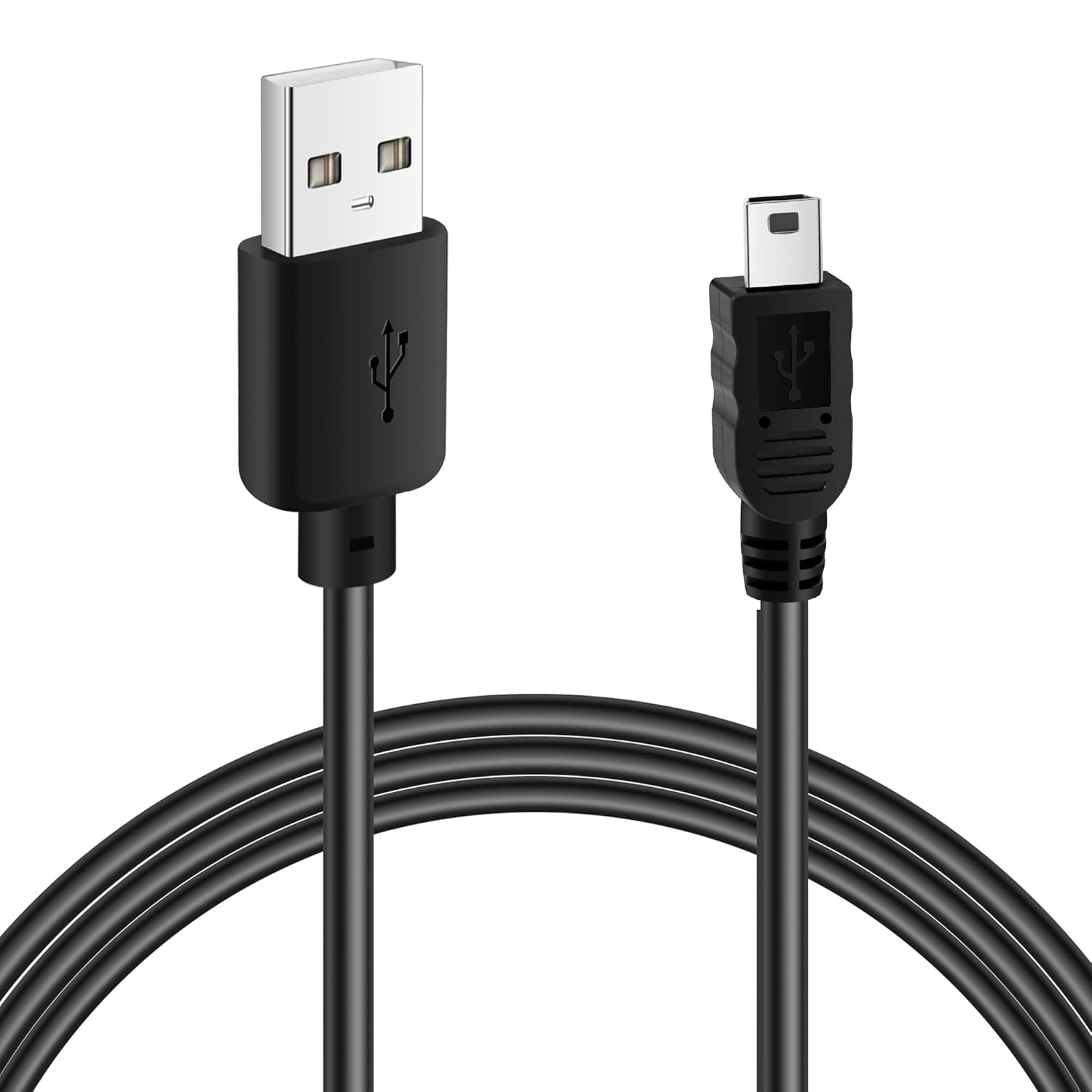 Cavo USB a Mini USB nero con connettori su sfondo bianco.