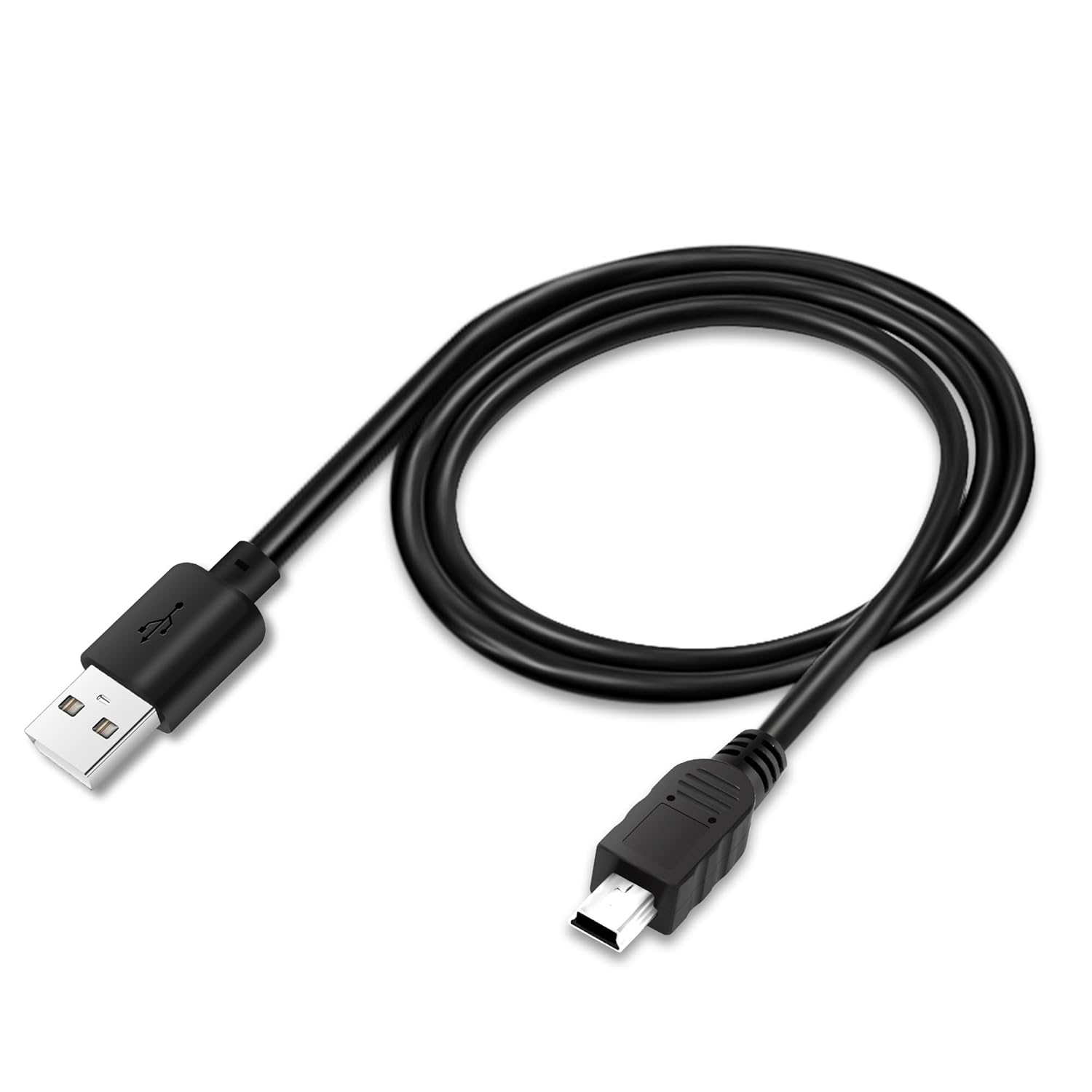 Un cavo USB a Micro USB nero giace su sfondo bianco.