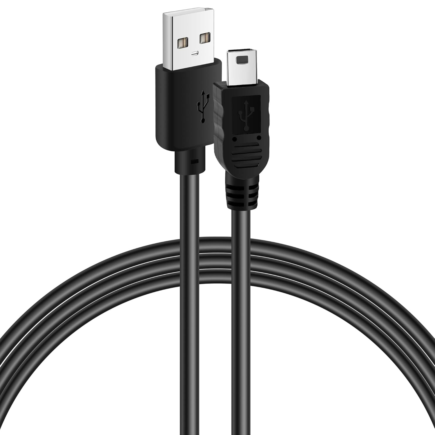 Un cavo USB nero con connettori standard A e mini B su sfondo bianco.