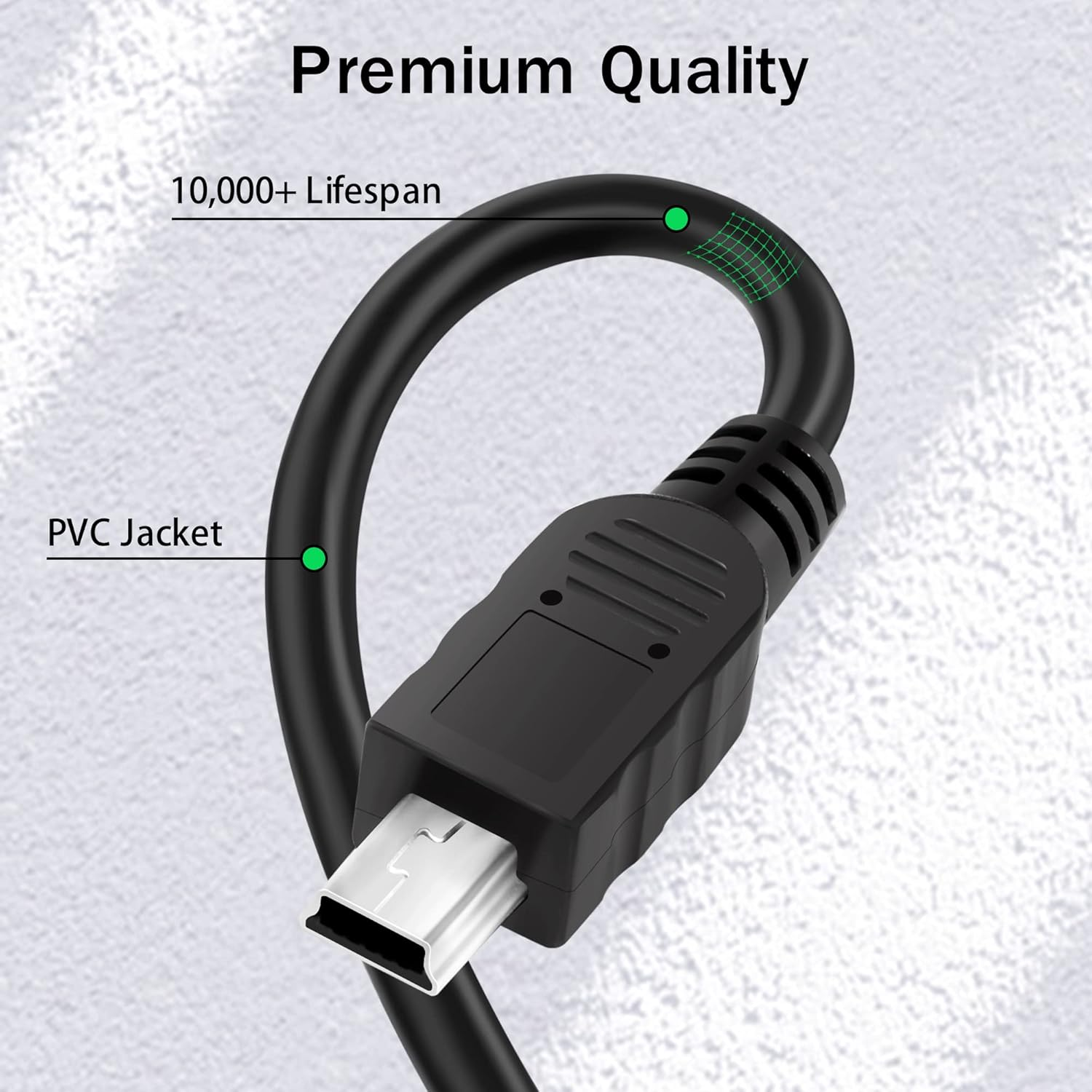 Cavo USB nero con connettore, durata 10.000+, rivestimento in PVC.