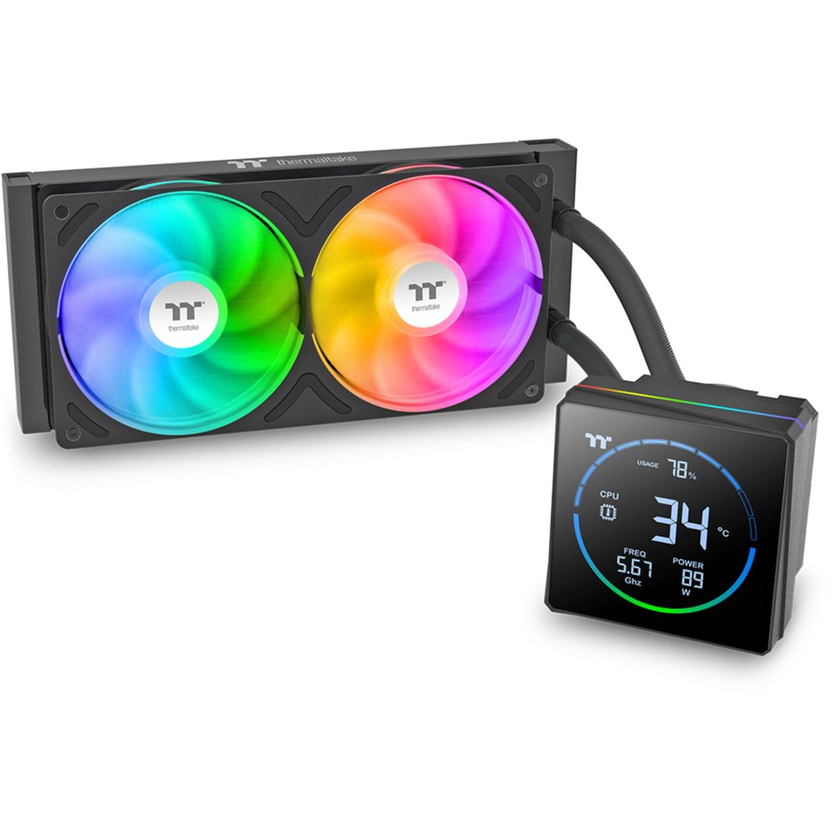Un sistema di raffreddamento a liquido per PC nero con due ventole RGB e un display che mostra l'utilizzo e la temperatura della CPU.