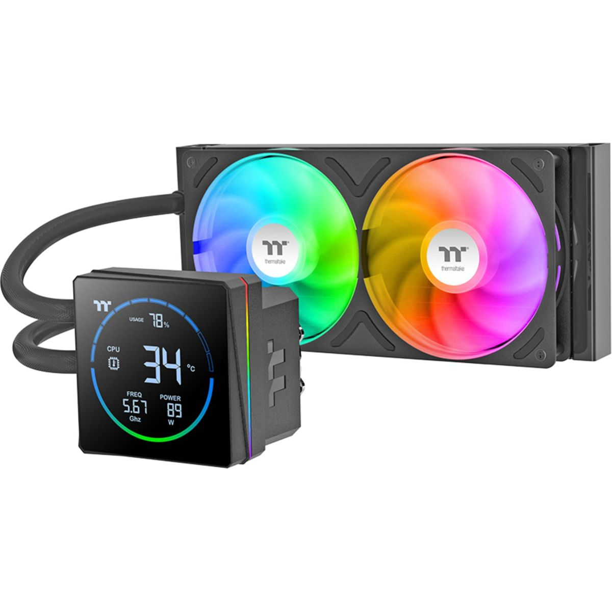 Un dissipatore per CPU con ventole RGB e un display che mostra le letture della temperatura.