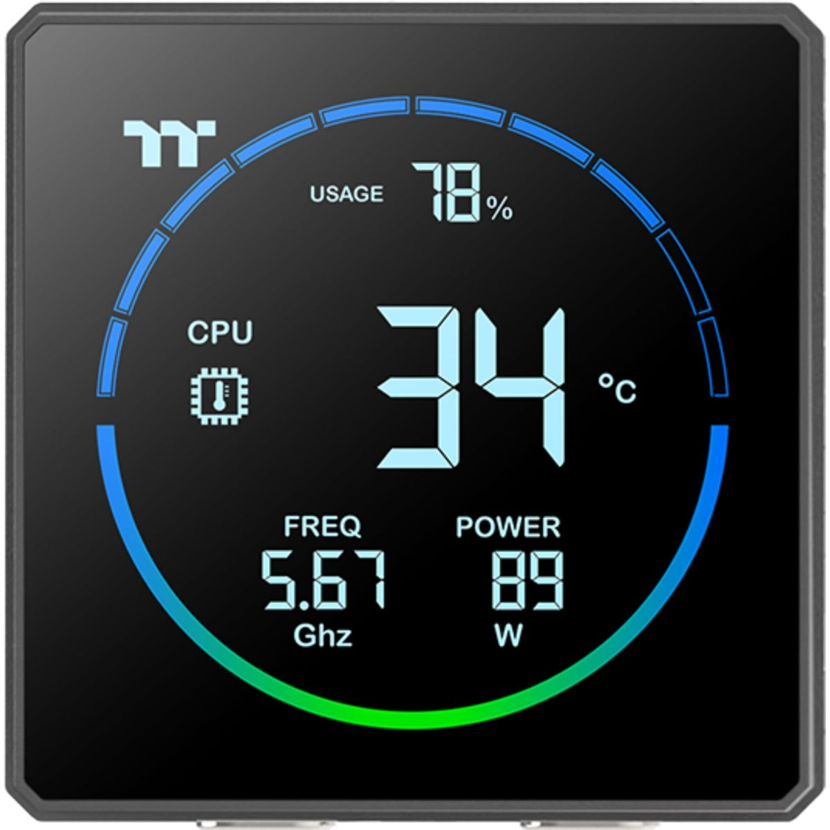 Display digitale mostra uso CPU 78%, temp 34°C, freq 5.67 Ghz, potenza 89W.