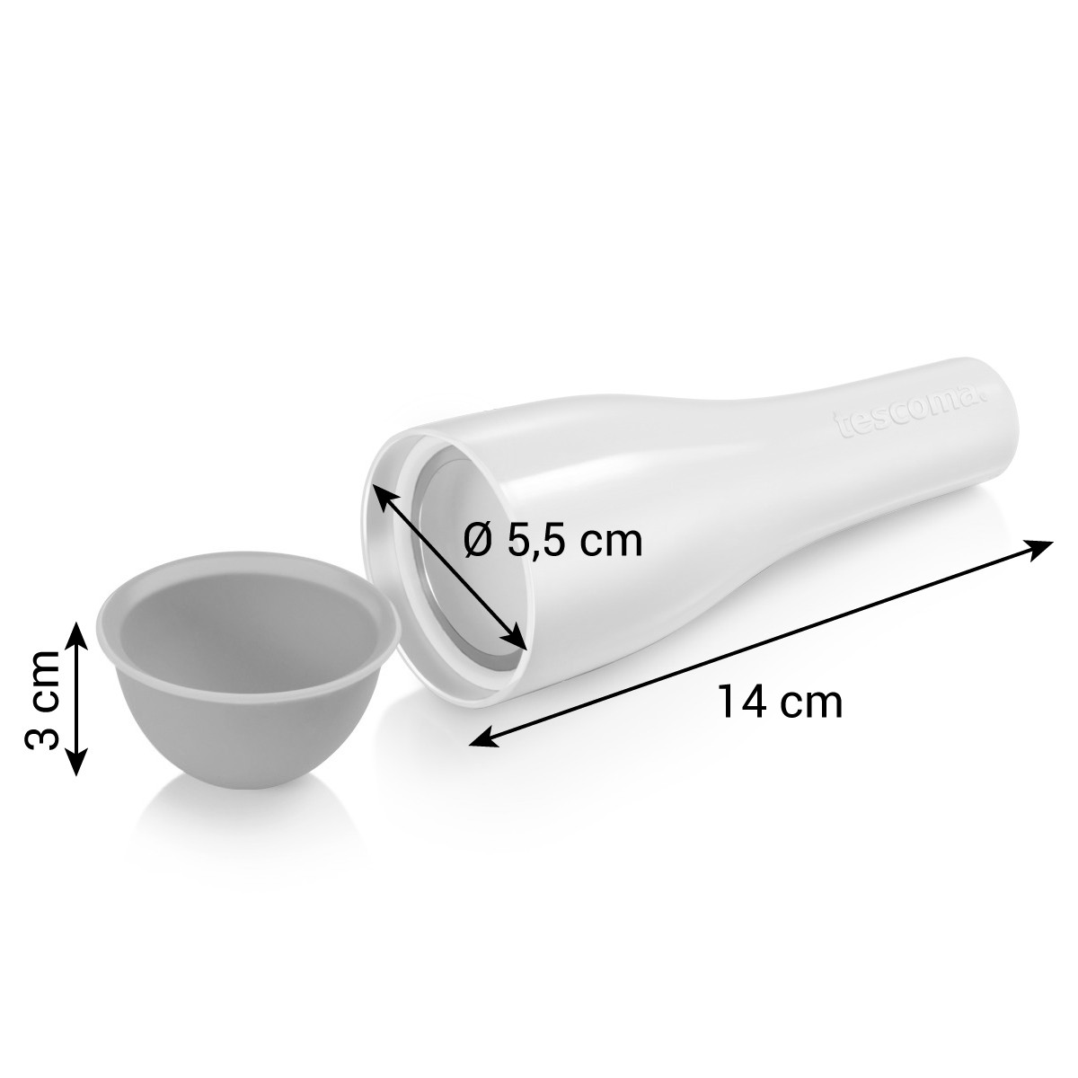 Ein weißer Küchenhelfer mit grauer Schüssel. Maße: 3 cm hoch, 5,5 cm Durchmesser.