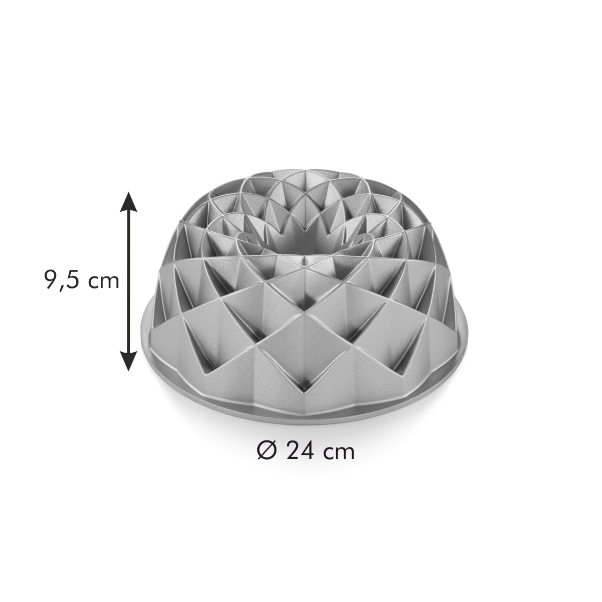 Silberne Gugelhupfform, 24 cm Durchmesser, 9,5 cm Höhe.