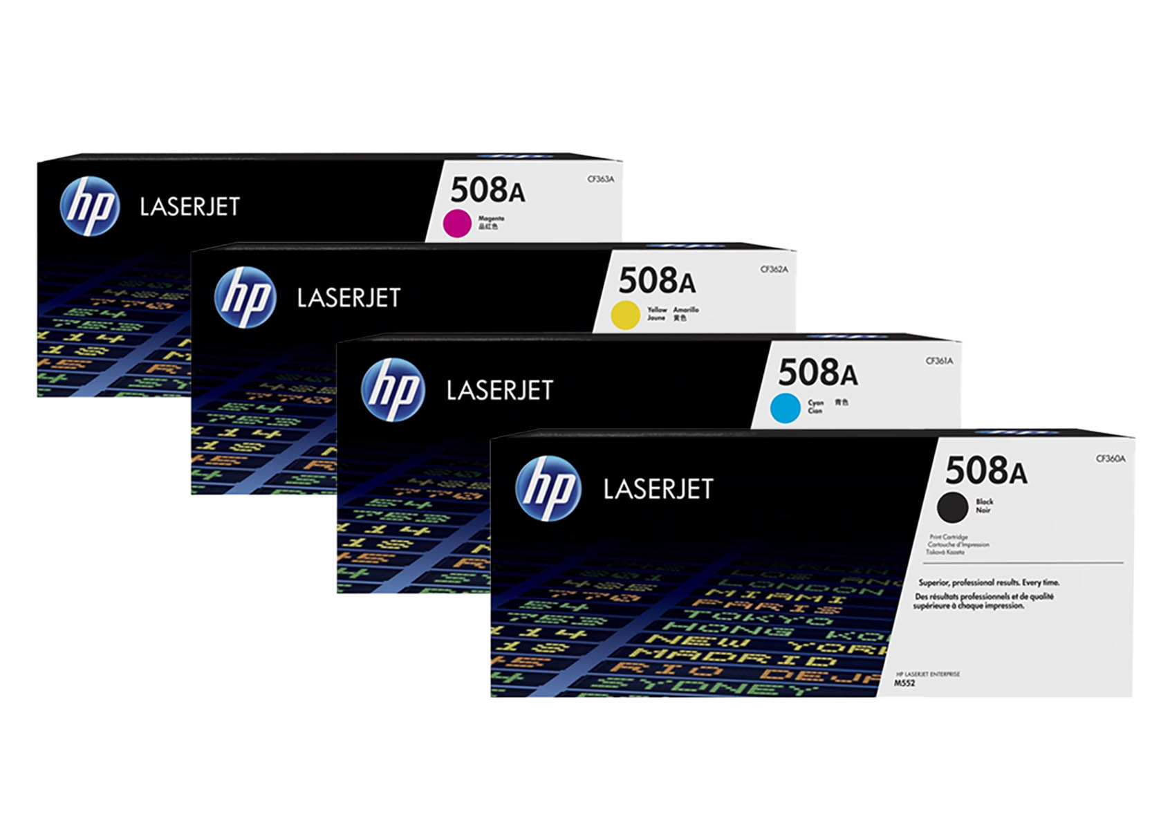 Vier HP LaserJet 508A Tonerkartuschen: Magenta, Gelb, Cyan und Schwarz.
