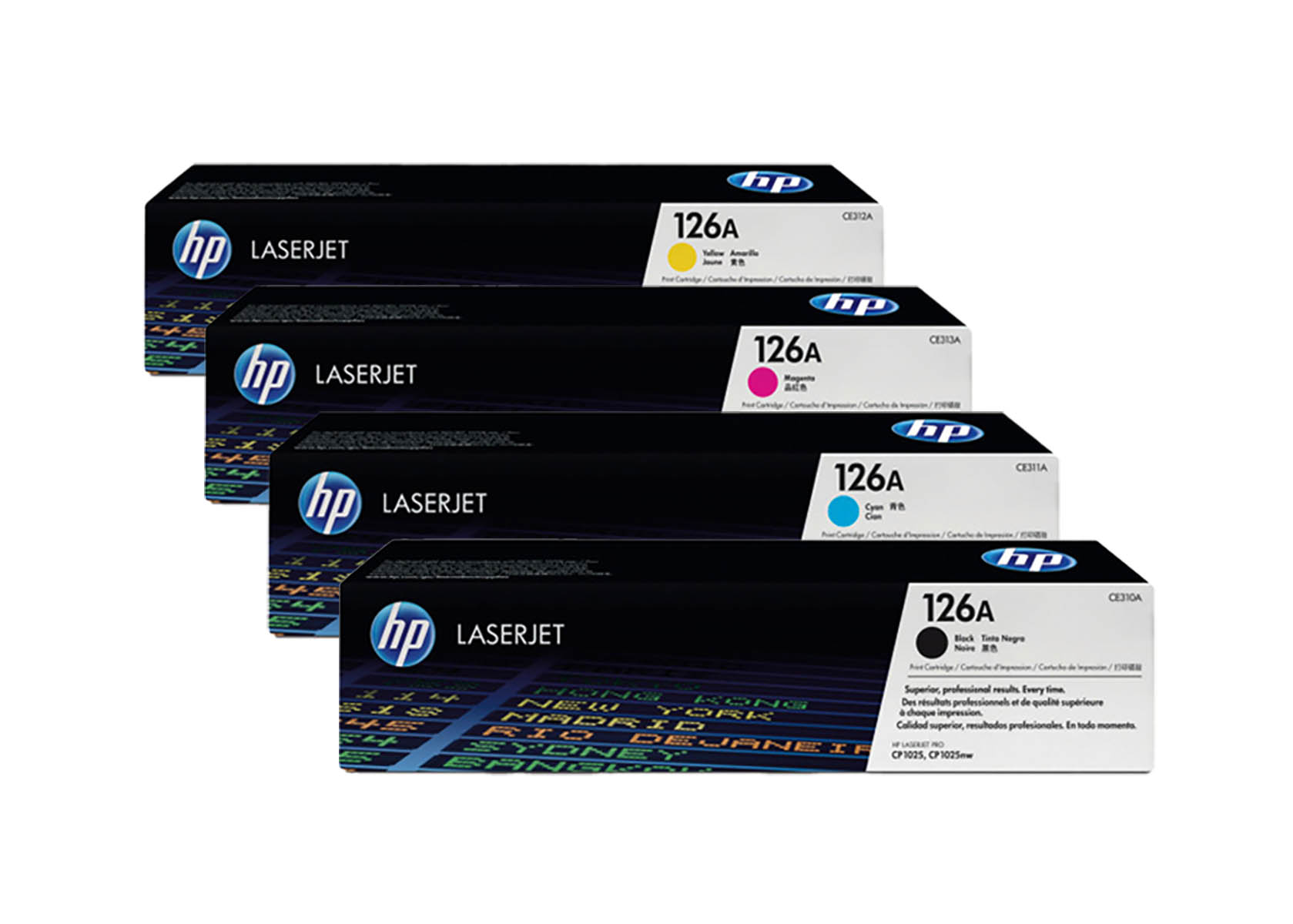 Vier HP LaserJet 126A Tonerkartuschen: Gelb, Magenta, Cyan und Schwarz.