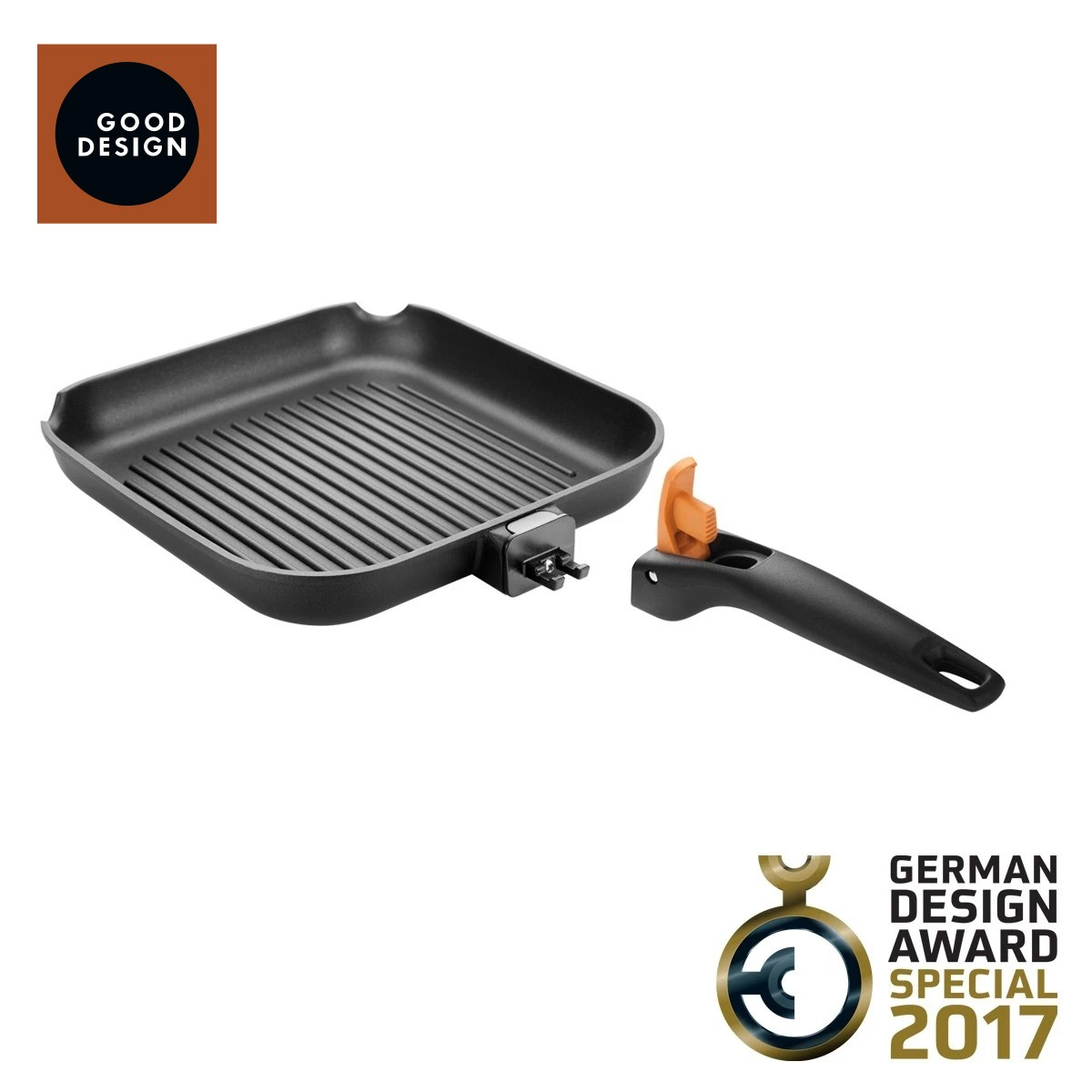 Grillpfanne mit abnehmbarem Griff und Auszeichnungen.