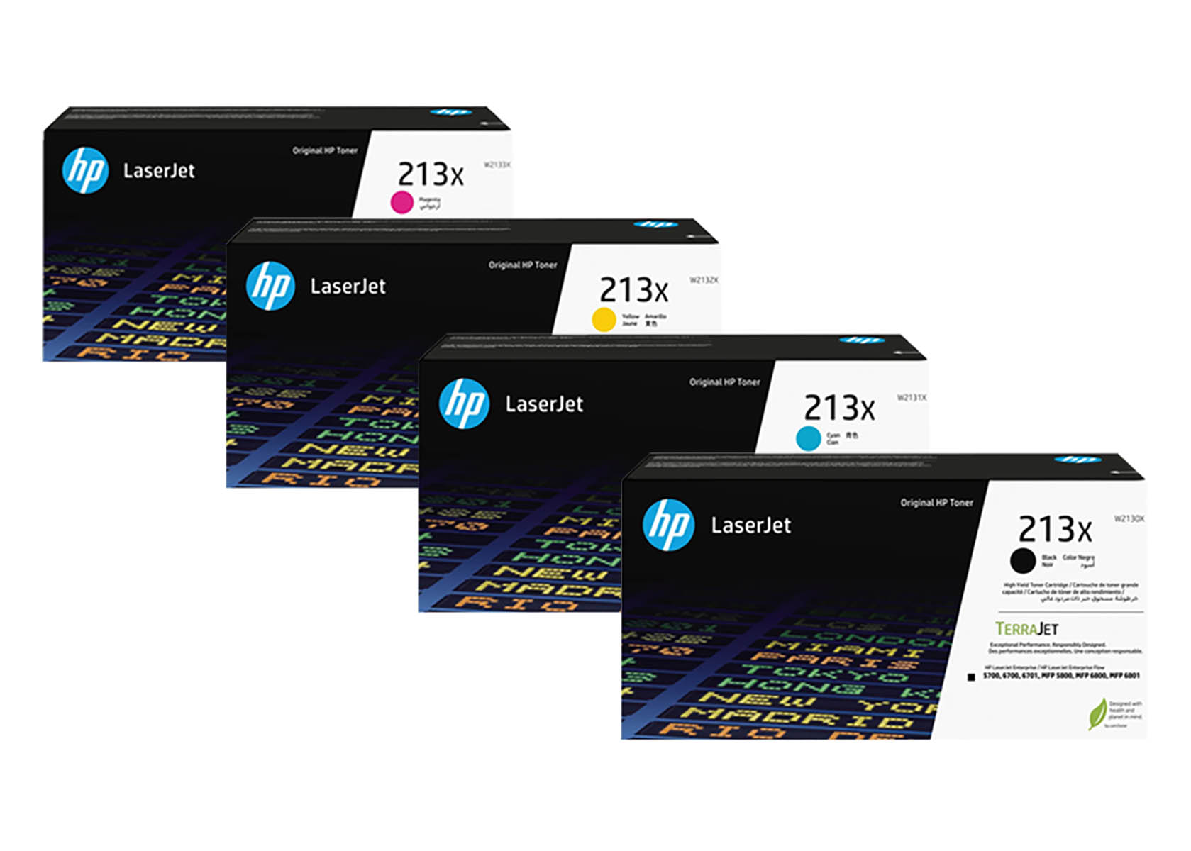 Vier HP LaserJet 213x Tonerkartuschen: Magenta, Gelb, Cyan und Schwarz.