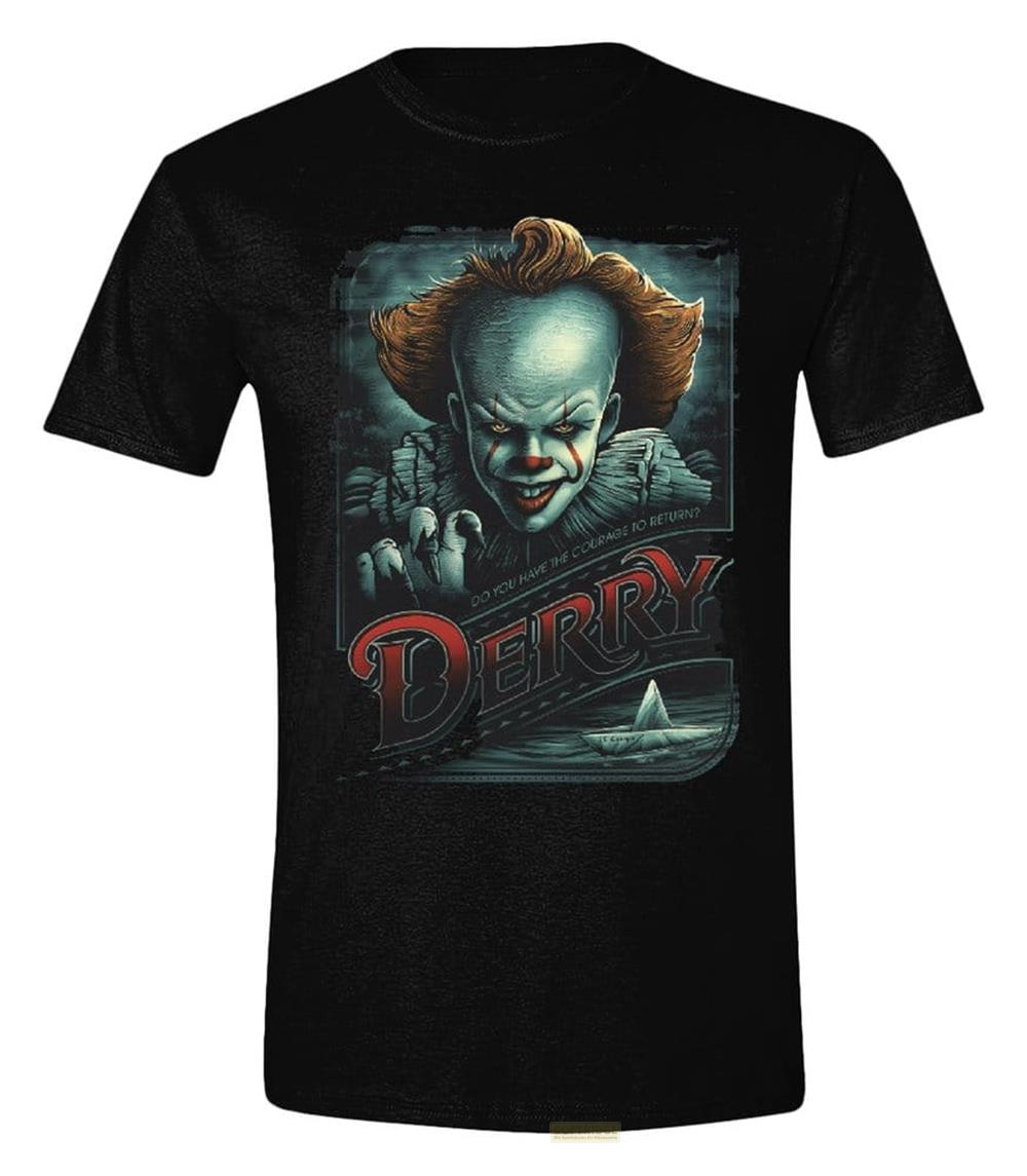 Schwarzes T-Shirt mit Pennywise-Motiv und dem Schriftzug "DERRY".