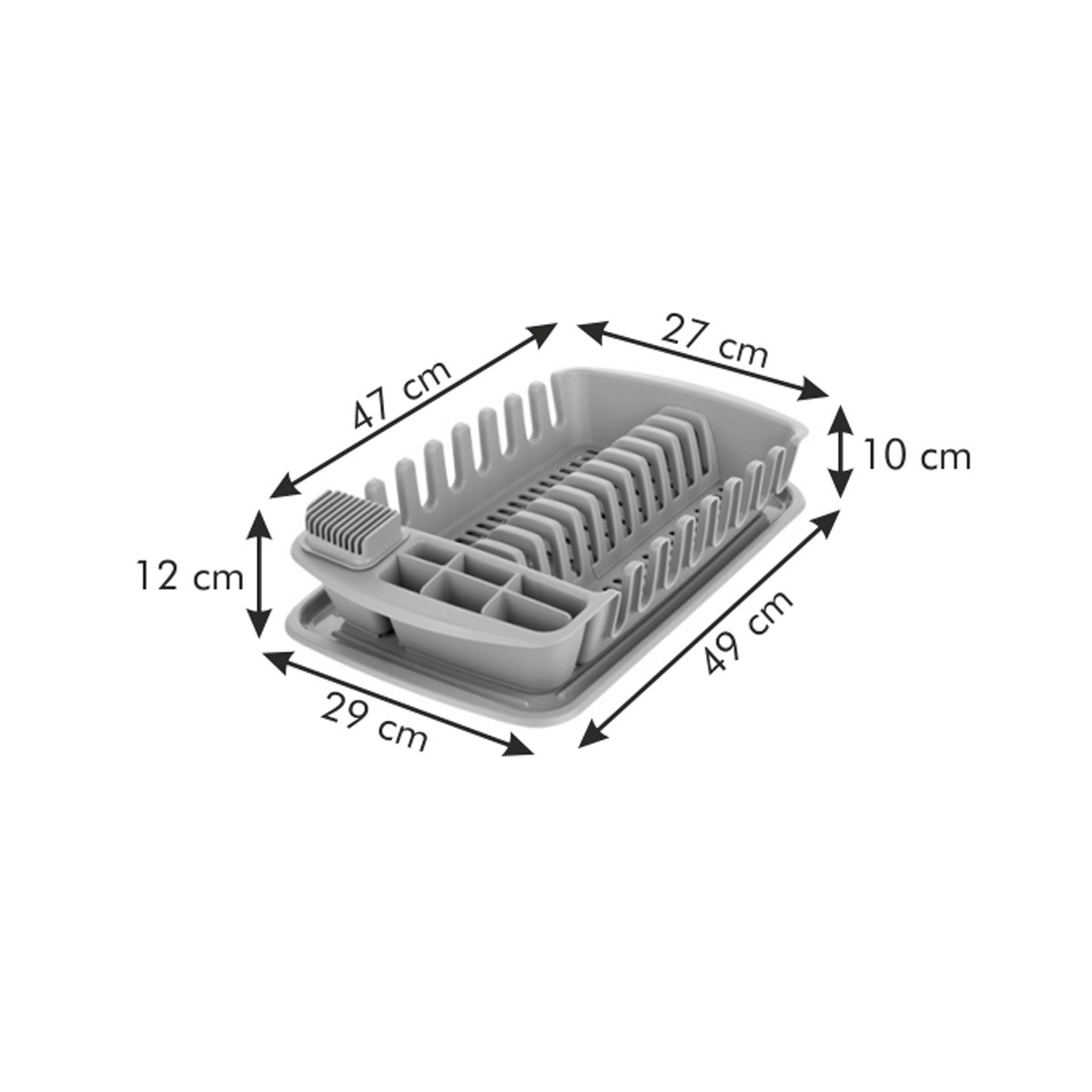 Grauer Abtropfkorb mit Abmessungen: 47x27x10cm, 29x12cm, 49cm.