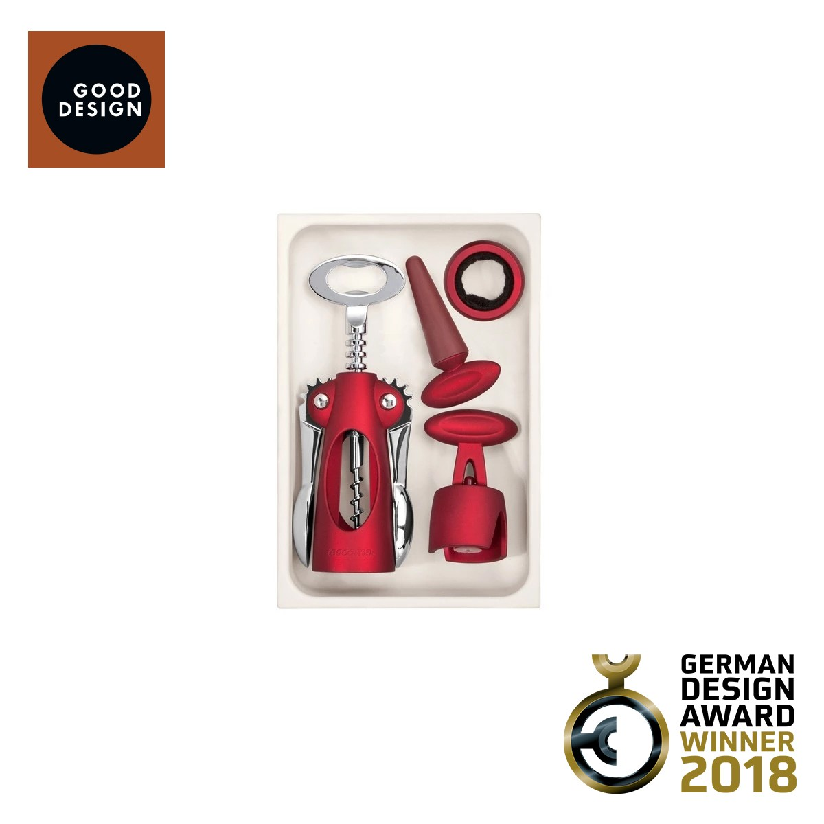 Ein roter Korkenzieher-Set mit Flaschenverschluss und Ausgießer in einer weißen Schale.