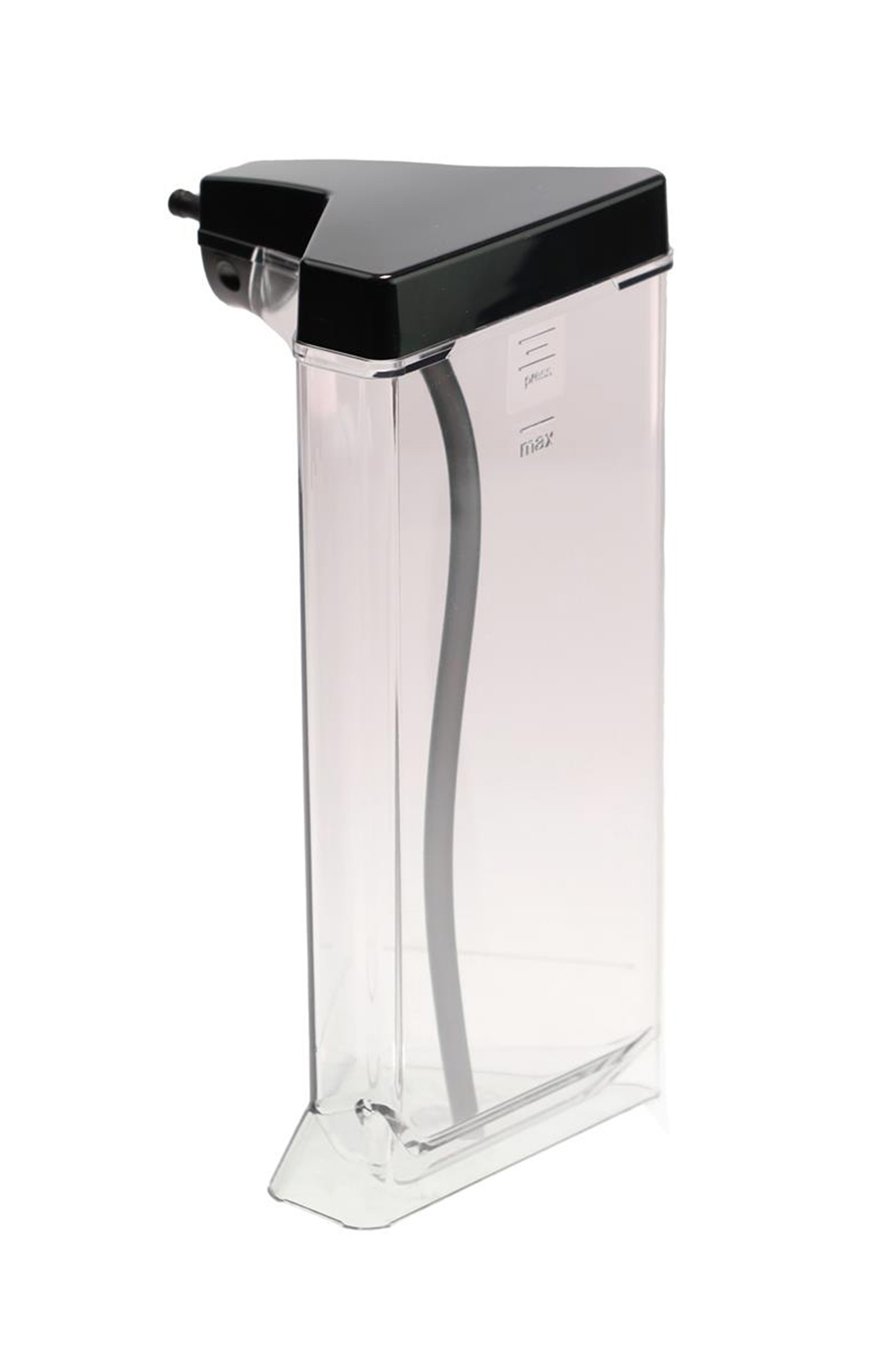 Ein transparenter Wasserbehälter mit schwarzem Deckel und Schlauch.