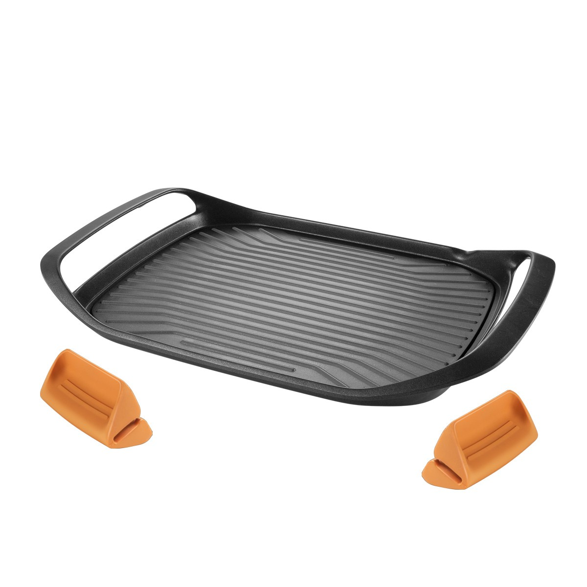 Eine schwarze Grillplatte mit gerippter Oberfläche und zwei orangen Griffen.
