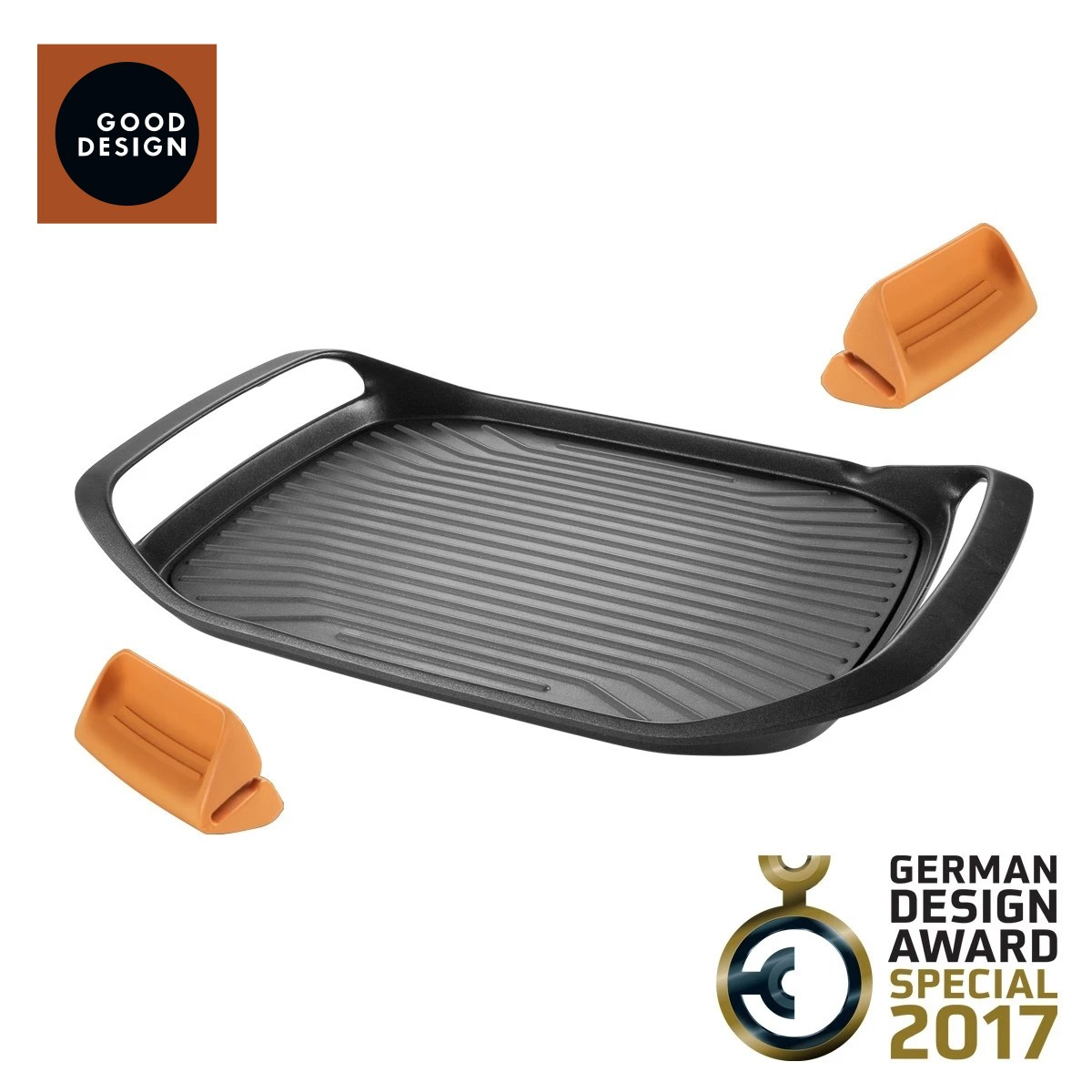 Grillplatte mit zwei orangen Griffen und Auszeichnungen.