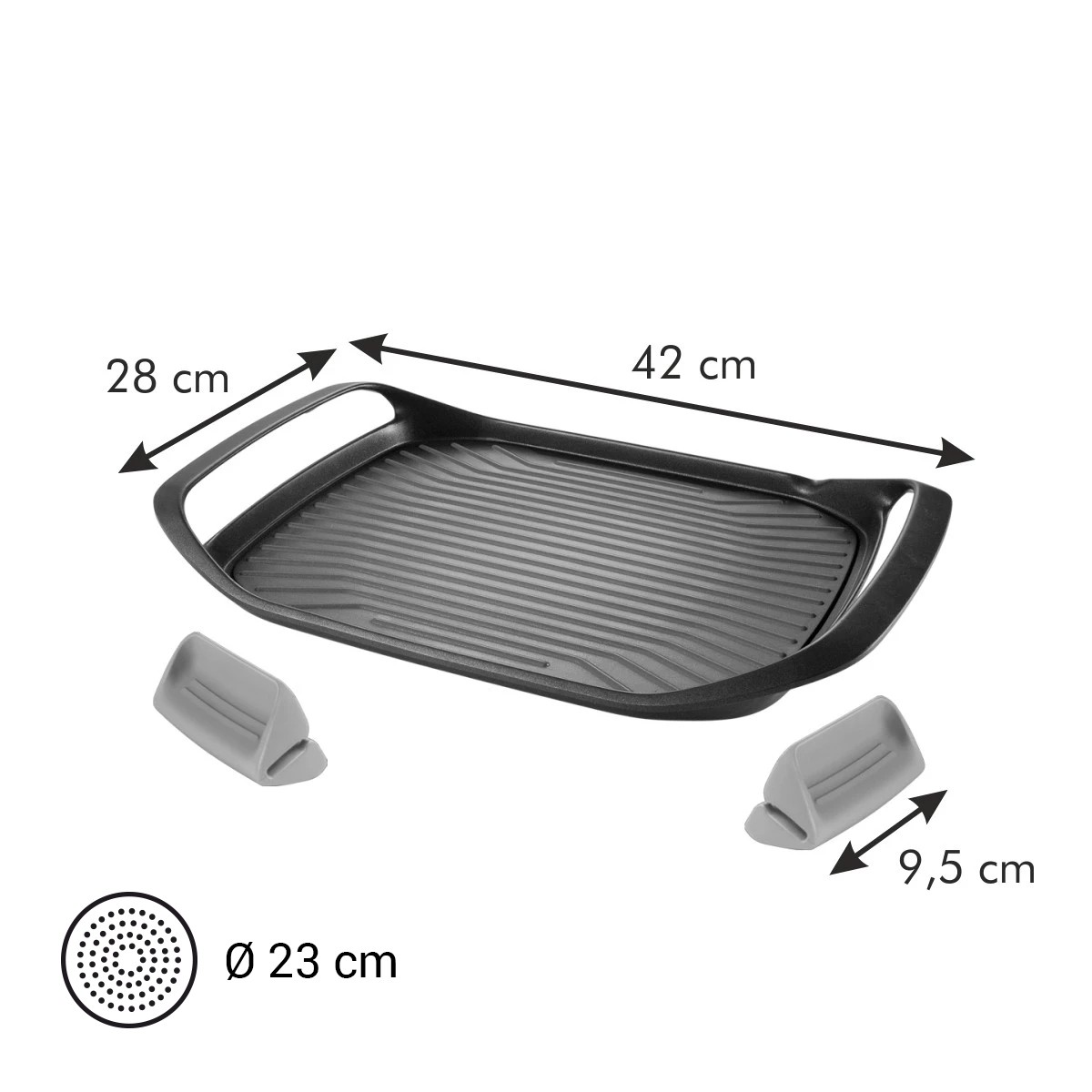 Grillplatte 42x28 cm mit Griffen und separatem Deckel Ø 23 cm.