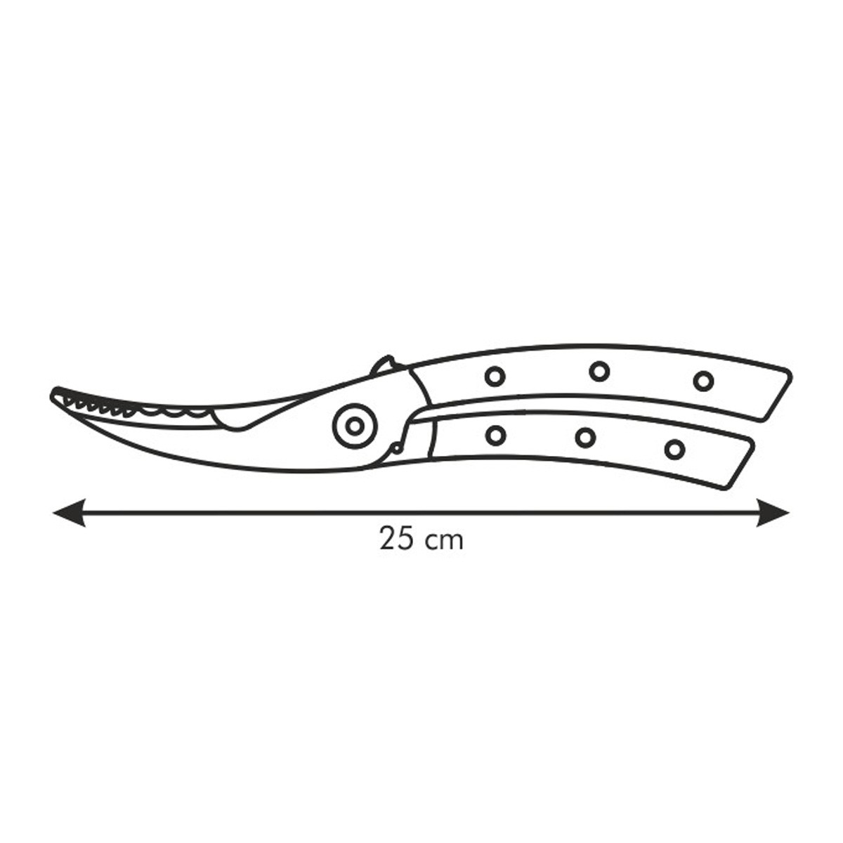 Eine gebogene Gartenschere mit gezackter Klinge, 25 cm lang.