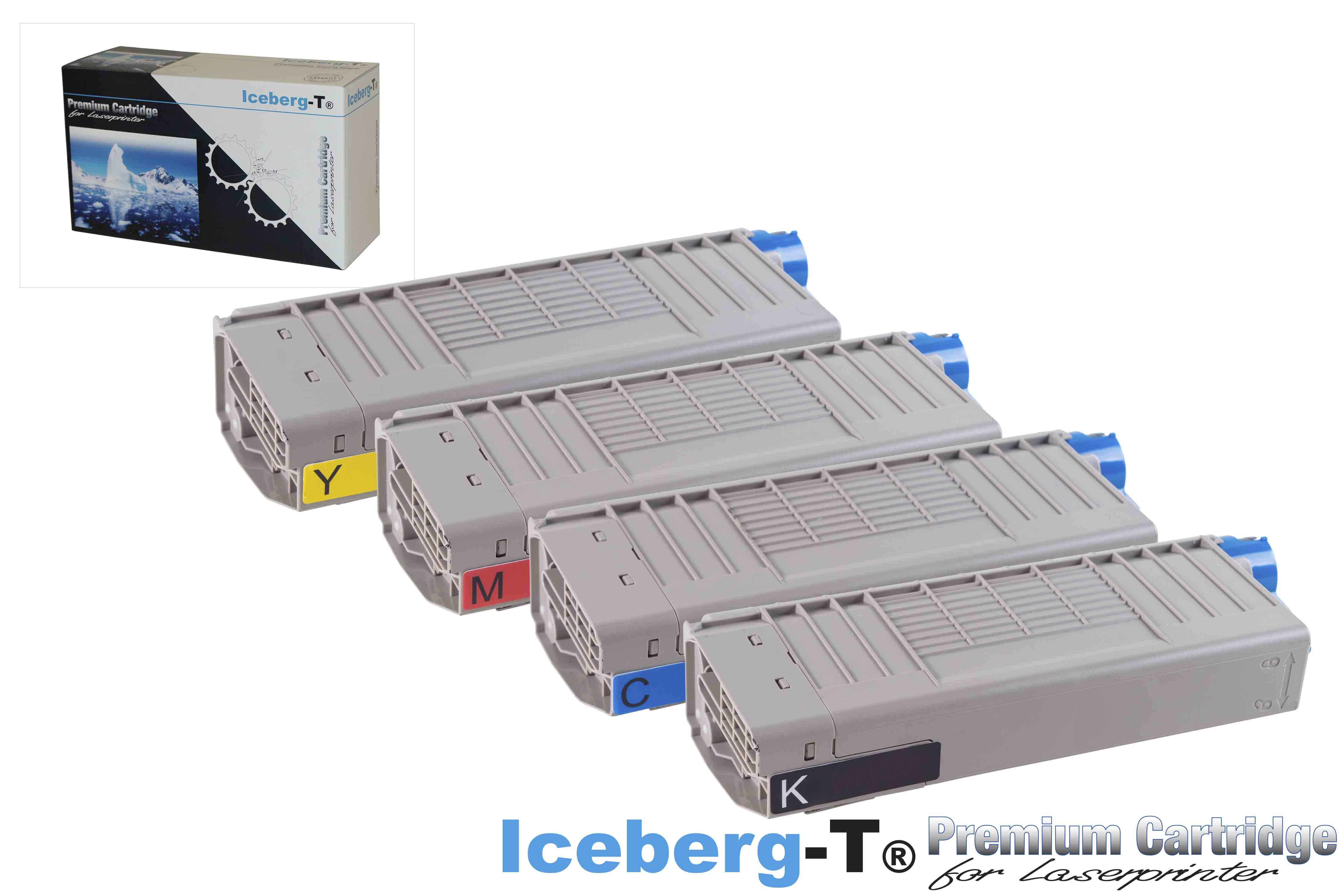 Vier Laserdrucker-Kartuschen in Grau mit farbigen Markierungen (Y, M, C, K).