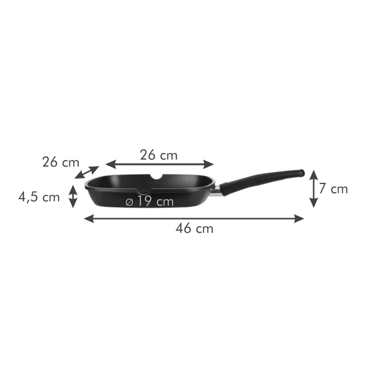 Eine schwarze Grillpfanne mit Maßen: 26cm Breite, 46cm Länge, 4.5cm Höhe, 19cm Durchmesser.