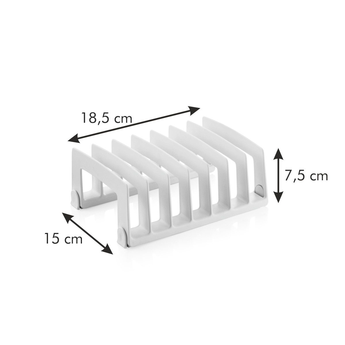 Ein weißer Organizer mit 6 Fächern, Maße 18,5 x 15 x 7,5 cm.