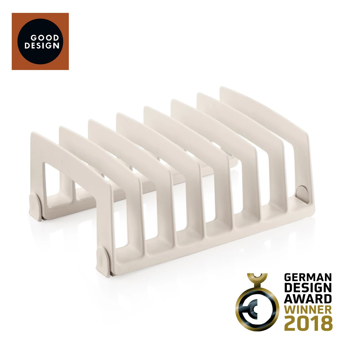 Ein beiger, schlicht gestalteter Abtropf- oder Aufbewahrungsständer für Geschirr.