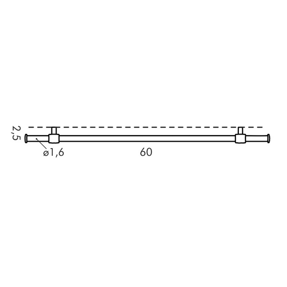 Technische Zeichnung eines Griffs mit Maßen 60x2,5 cm und 1,6 cm Durchmesser.
