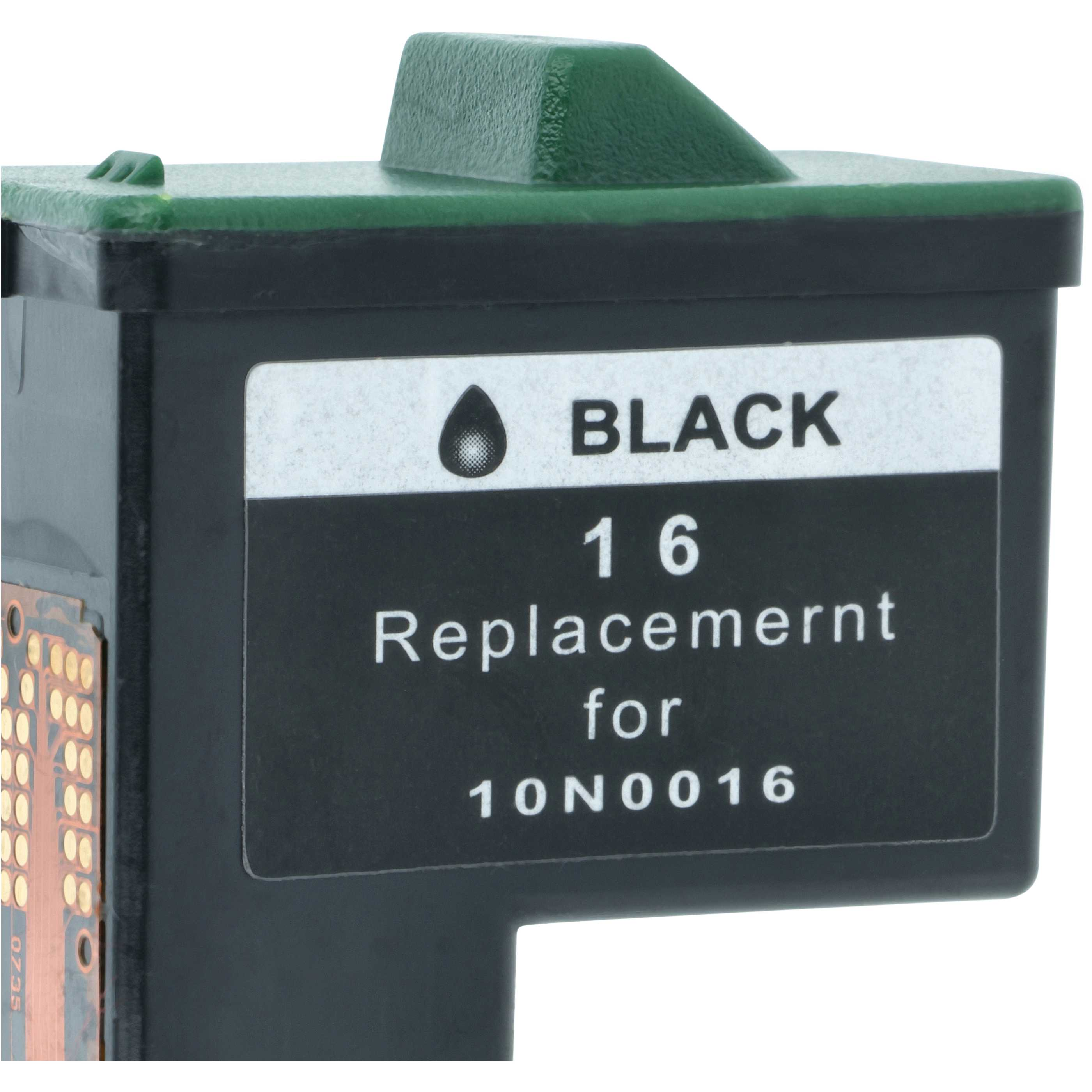 Schwarze Tintenpatrone mit Etikett: 'BLACK 16 Replacement for 10N0016'.