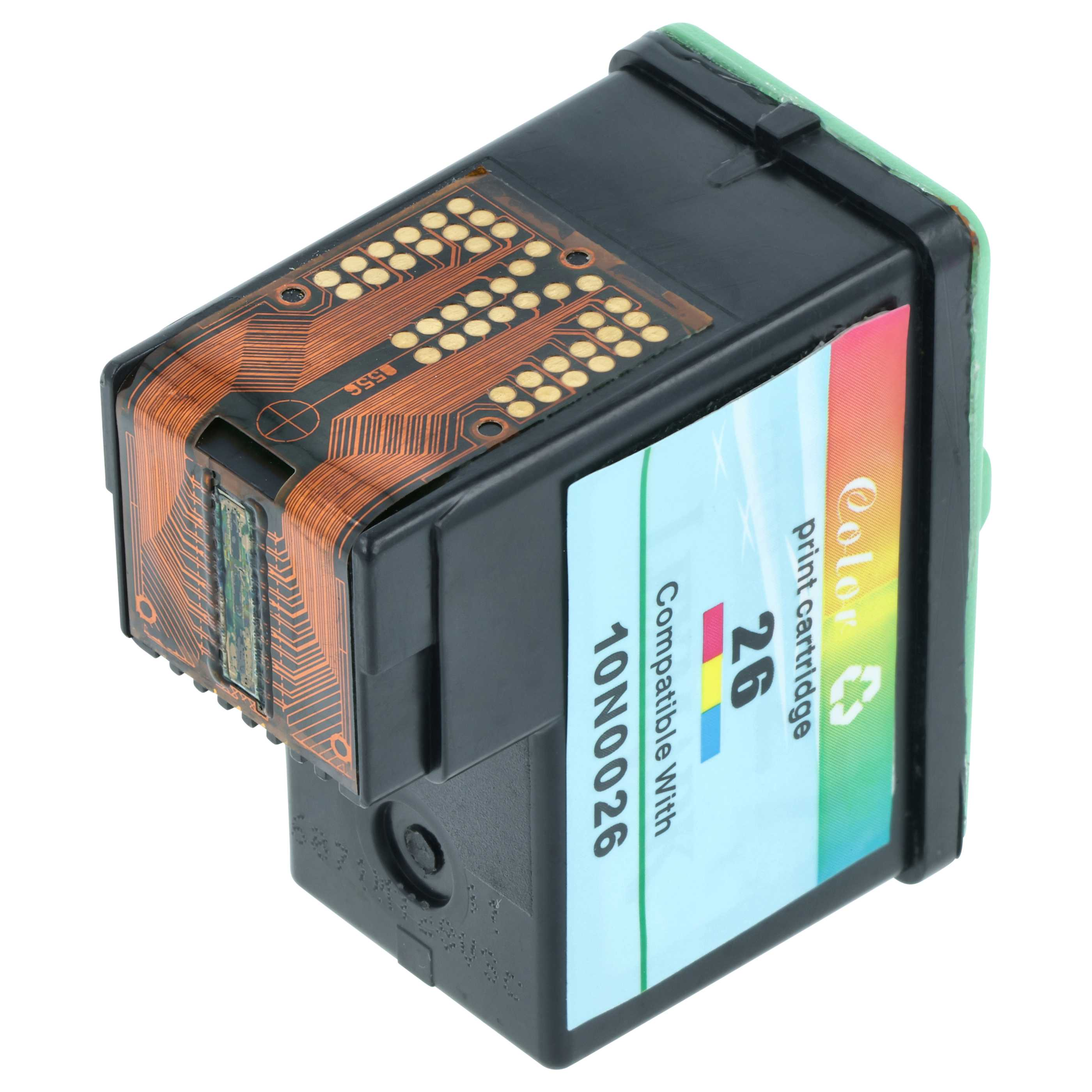 Eine schwarze Druckerpatrone mit grünem Oberteil und einem mehrfarbigen Etikett mit der Aufschrift „Color Print Cartridge 26“ und „10N0026“.