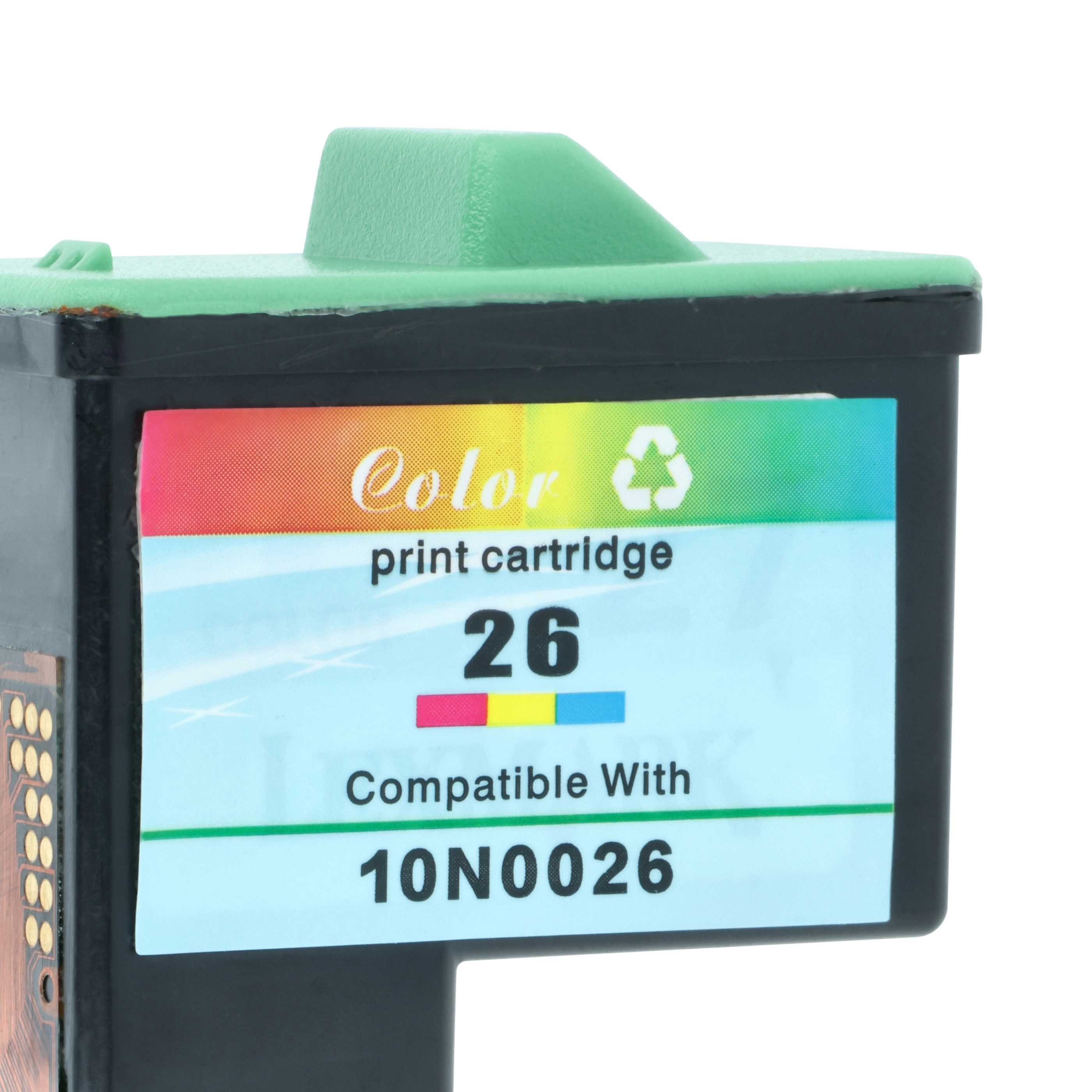 Ein grüner Druckerpatronenbehälter mit der Aufschrift „Color print cartridge 26“.