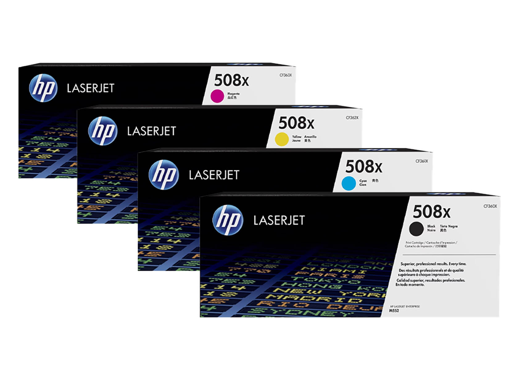 Vier HP LaserJet 508x Tonerkartuschen in den Farben Magenta, Gelb, Cyan und Schwarz.