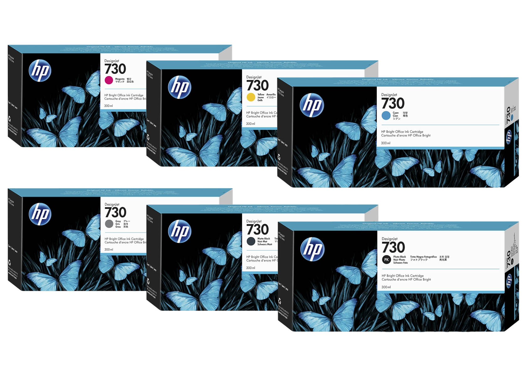 Sei cartucce d'inchiostro HP DesignJet 730 con farfalle blu su sfondo nero.