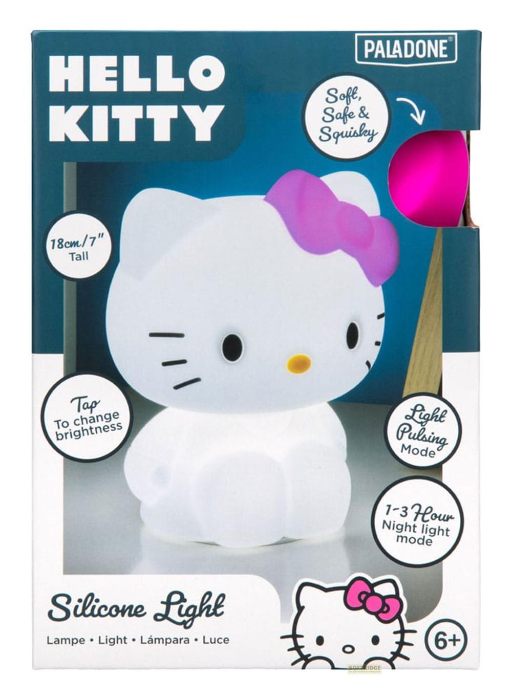 Eine weiße Hello Kitty Lampe mit lila Schleife, 18cm groß, weich und sicher.
