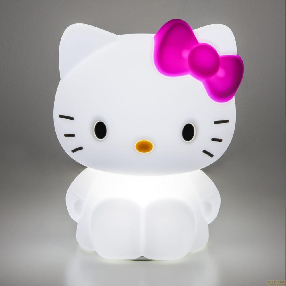 Eine leuchtende weiße Hello Kitty Lampe mit einer pinken Schleife.