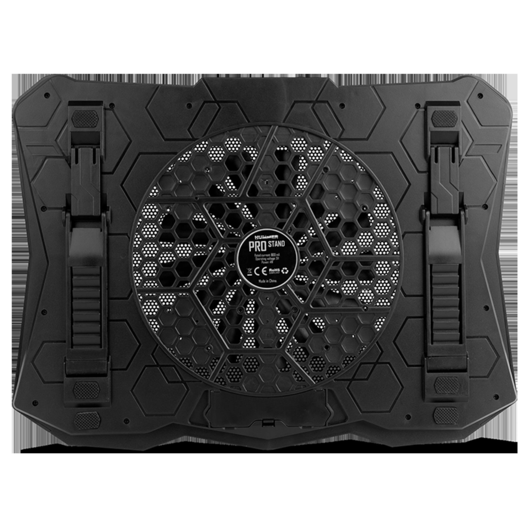 Base di raffreddamento nera per laptop con ventola e supporti.
