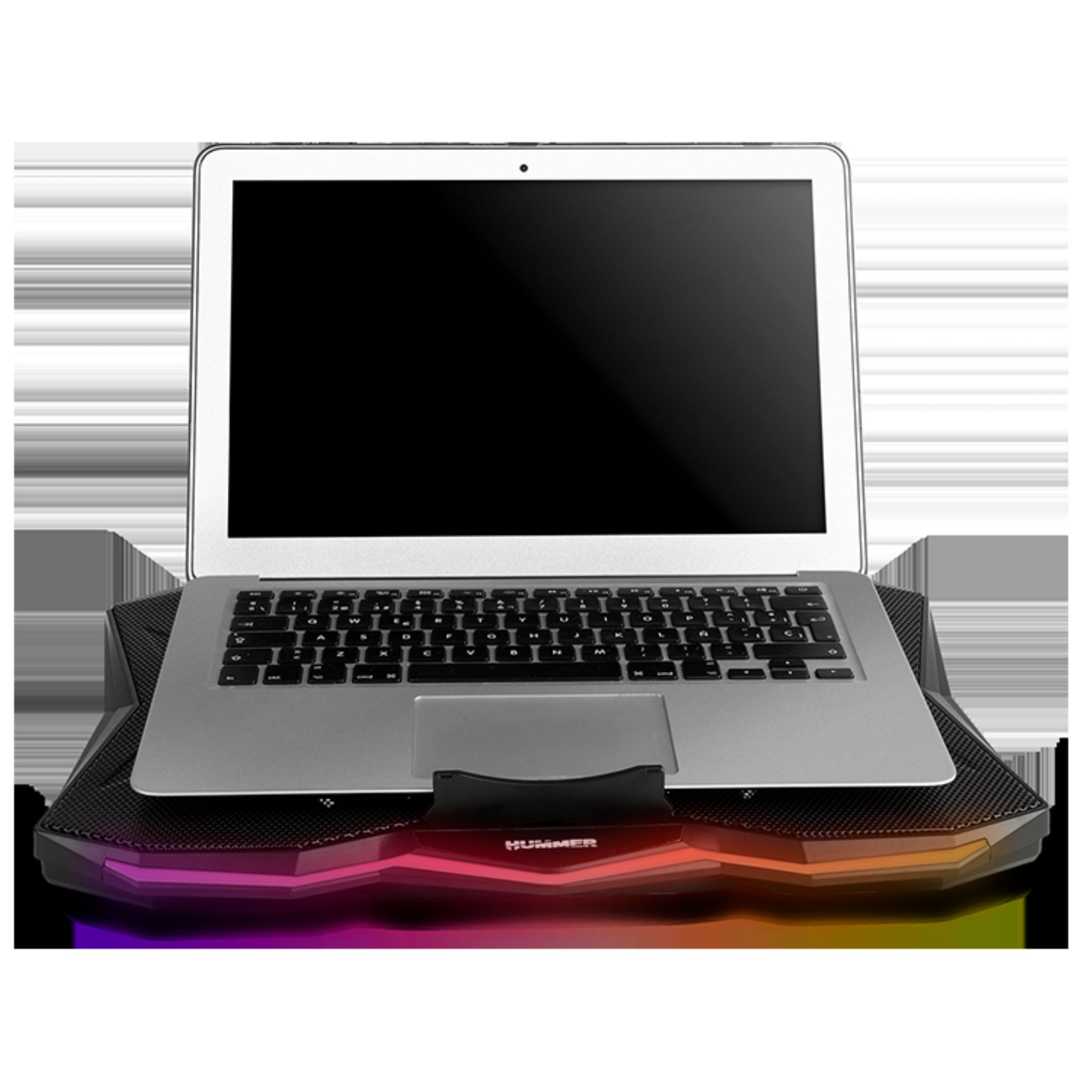 Un laptop su una base di raffreddamento illuminata con luci RGB.
