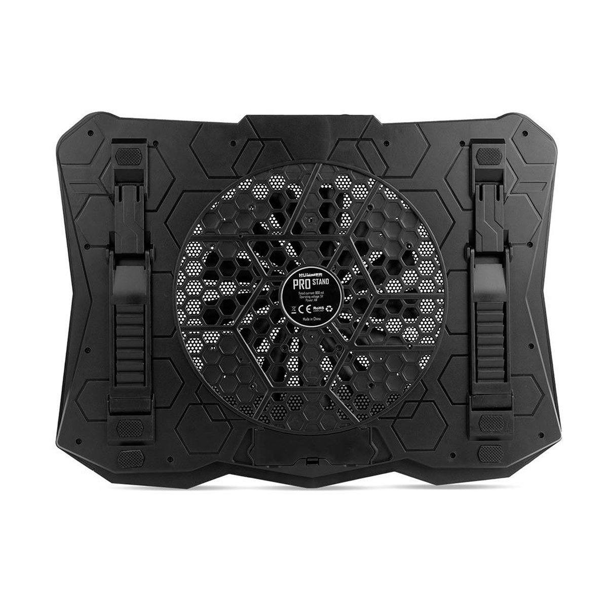 Supporto nero per laptop con ventola e supporti regolabili.