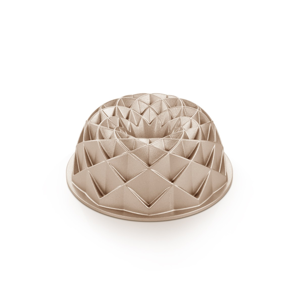 Eine bronzefarbene Gugelhupfform mit geometrischem Rautenmuster.