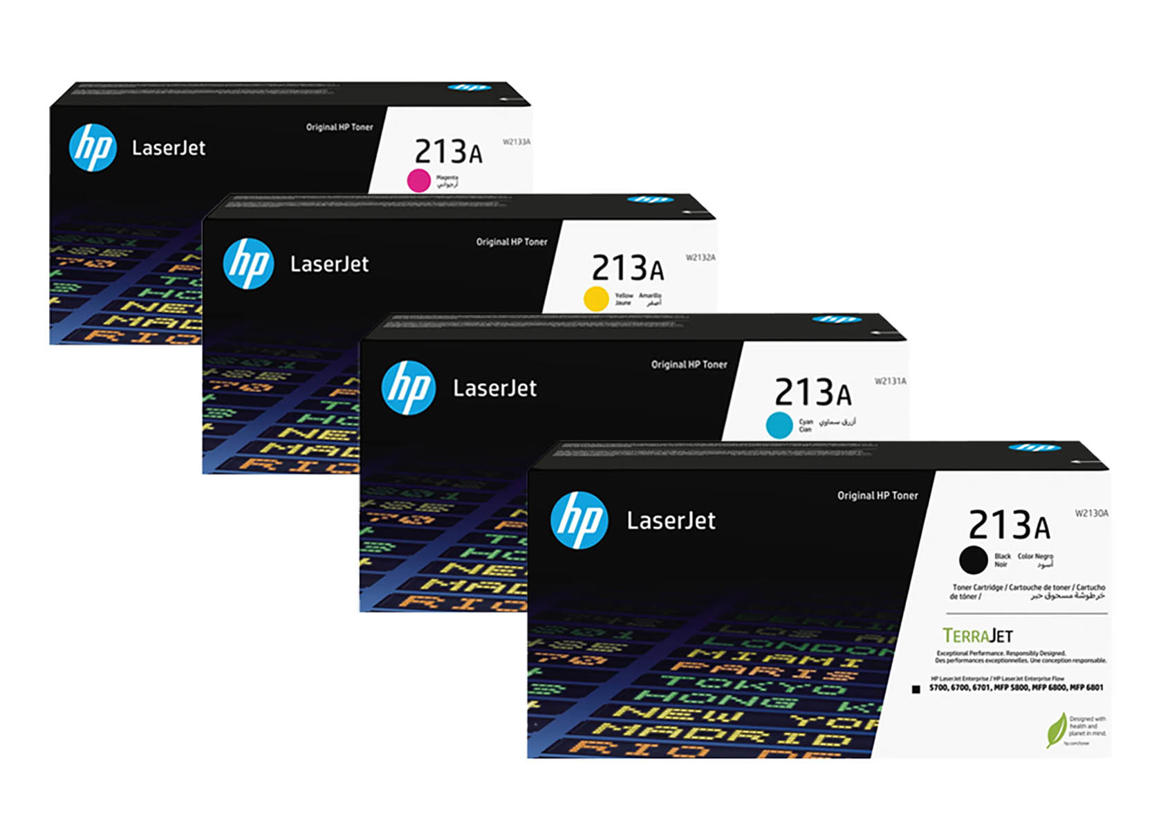 Vier HP LaserJet 213A Tonerkartuschen in Magenta, Gelb, Cyan und Schwarz.