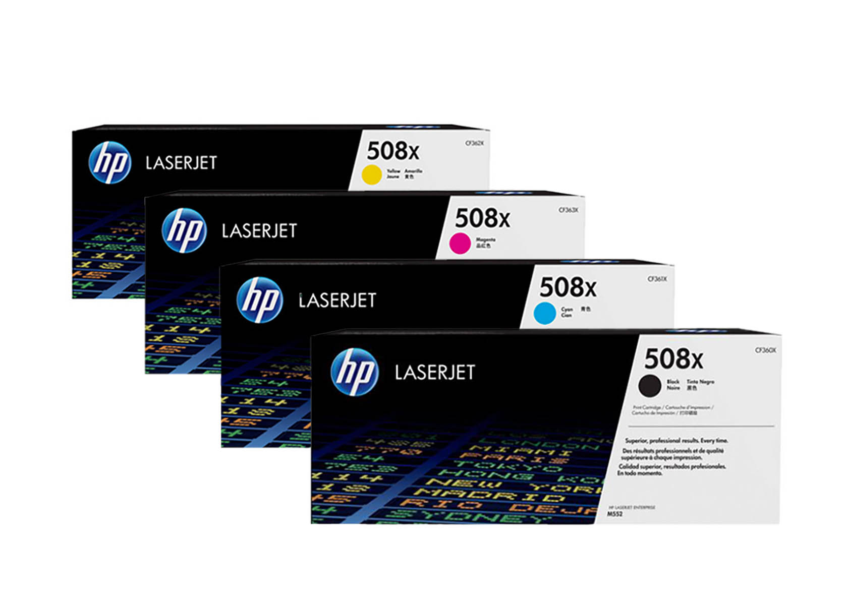Vier HP LaserJet Toner-Kartuschen: Gelb, Magenta, Cyan und Schwarz.