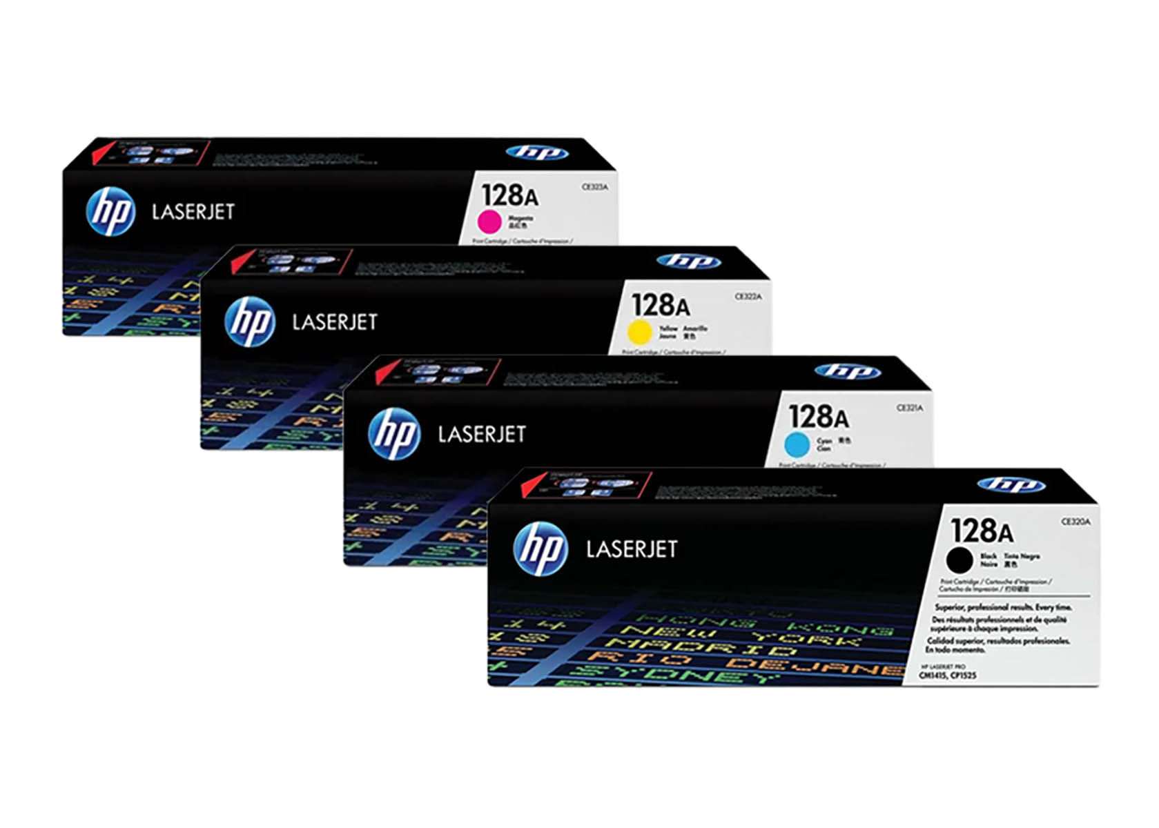Vier HP LaserJet 128A Tonerkartuschen: Magenta, Gelb, Cyan und Schwarz.