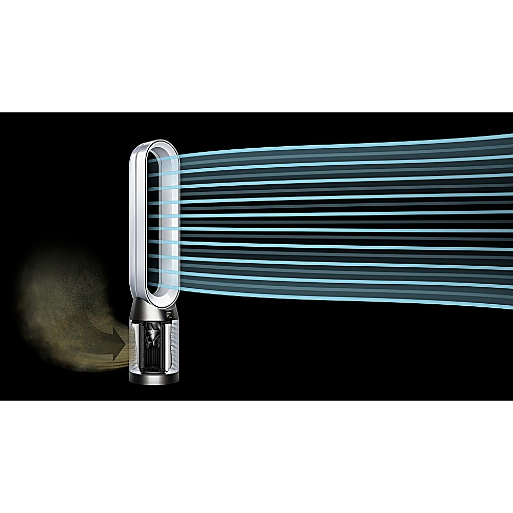 Un purificatore d'aria Dyson aspira polvere ed espelle aria pulita.