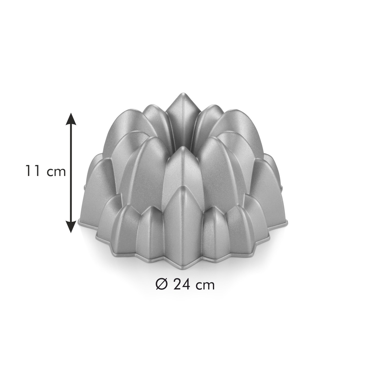 Graue Gugelhupfform mit Blütenblatt-Design, 24 cm breit, 11 cm hoch.